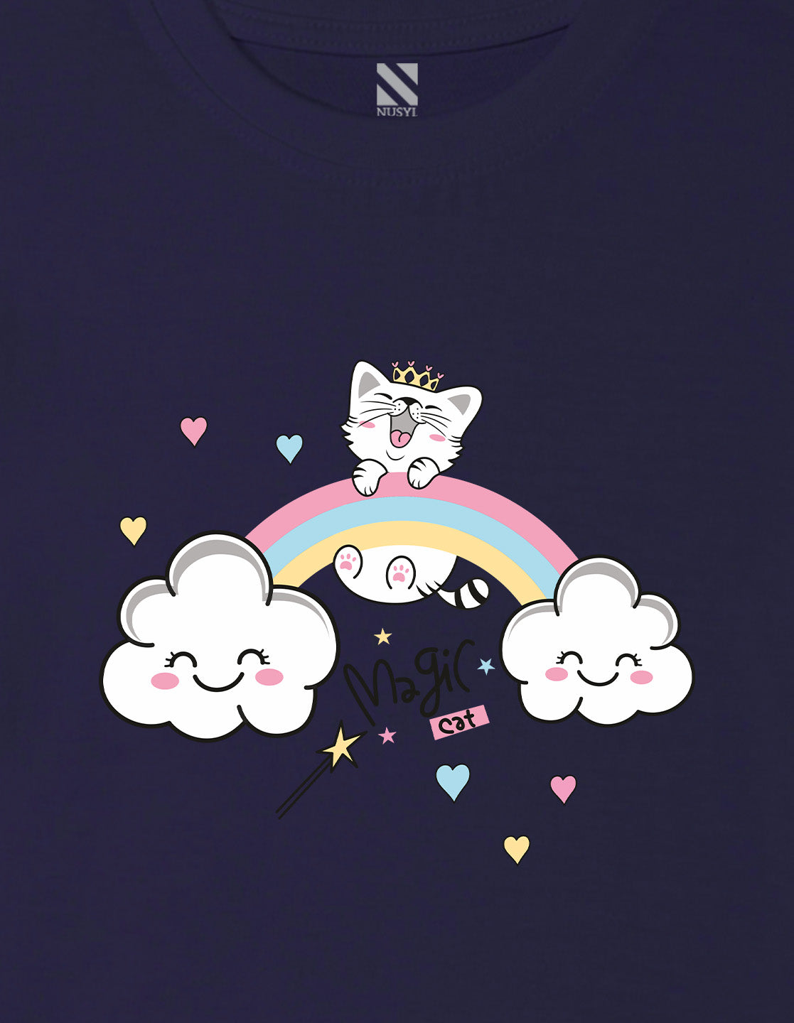 Nusyl Girls Navy Blue Cat & Rainbow Printed Cotton Half Sleeve Regular Fit T-Shirts for Girls