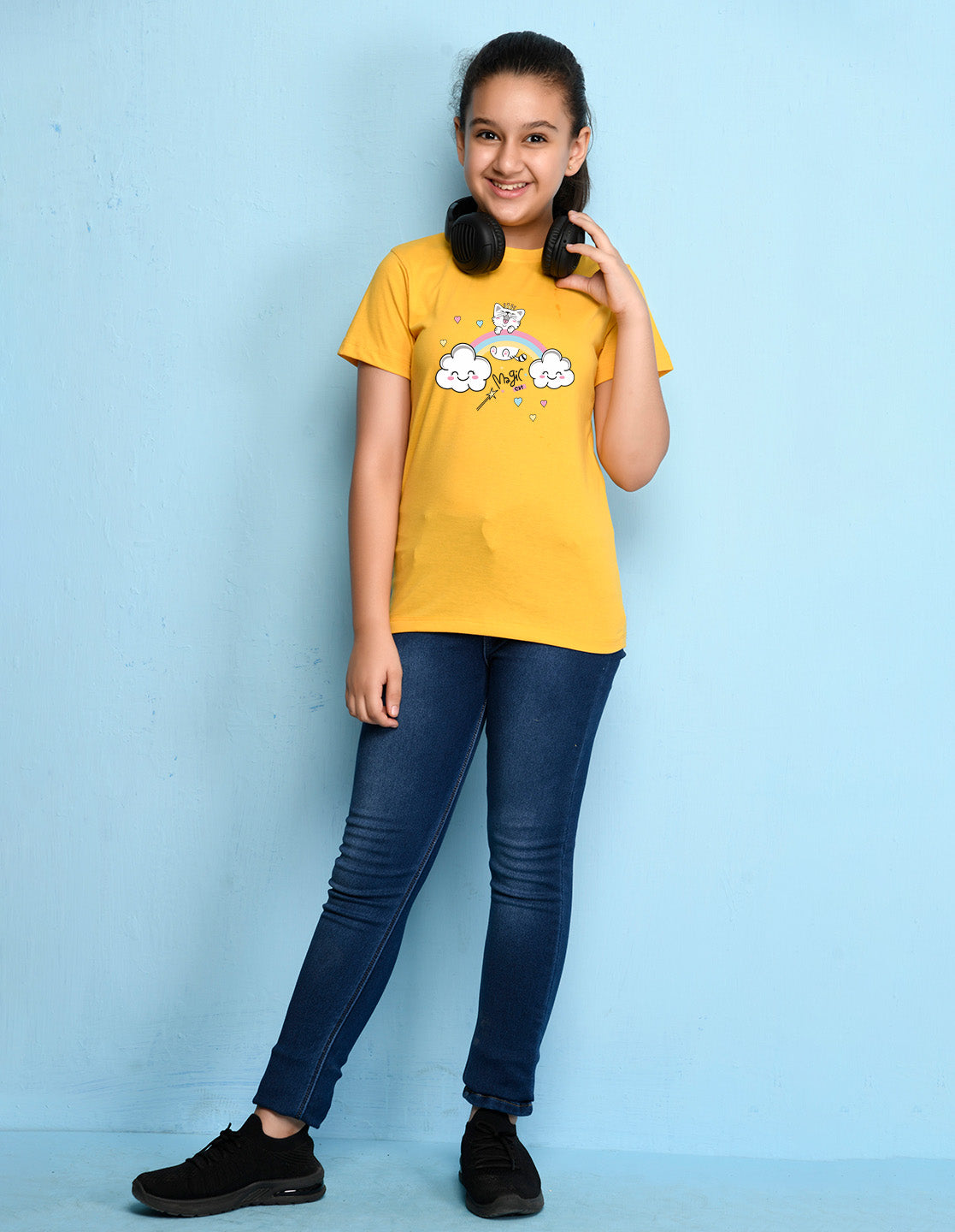 Nusyl Girls Yellow Cat & Rainbow Printed Cotton Half Sleeve Regular Fit T-Shirts for Girls