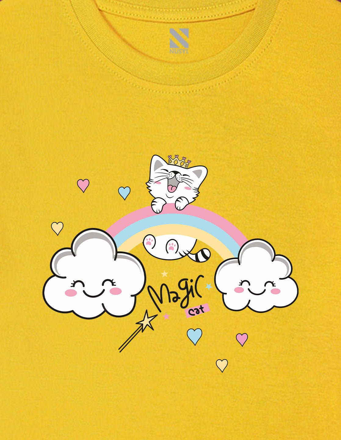 Nusyl Girls Yellow Cat & Rainbow Printed Cotton Half Sleeve Regular Fit T-Shirts for Girls