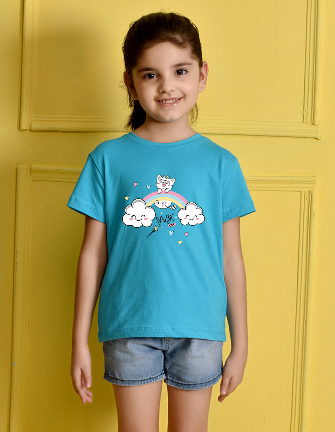 Nusyl Girls Sky Blue Cat & Rainbow Printed Cotton Half Sleeve Regular Fit T-Shirts for Girls