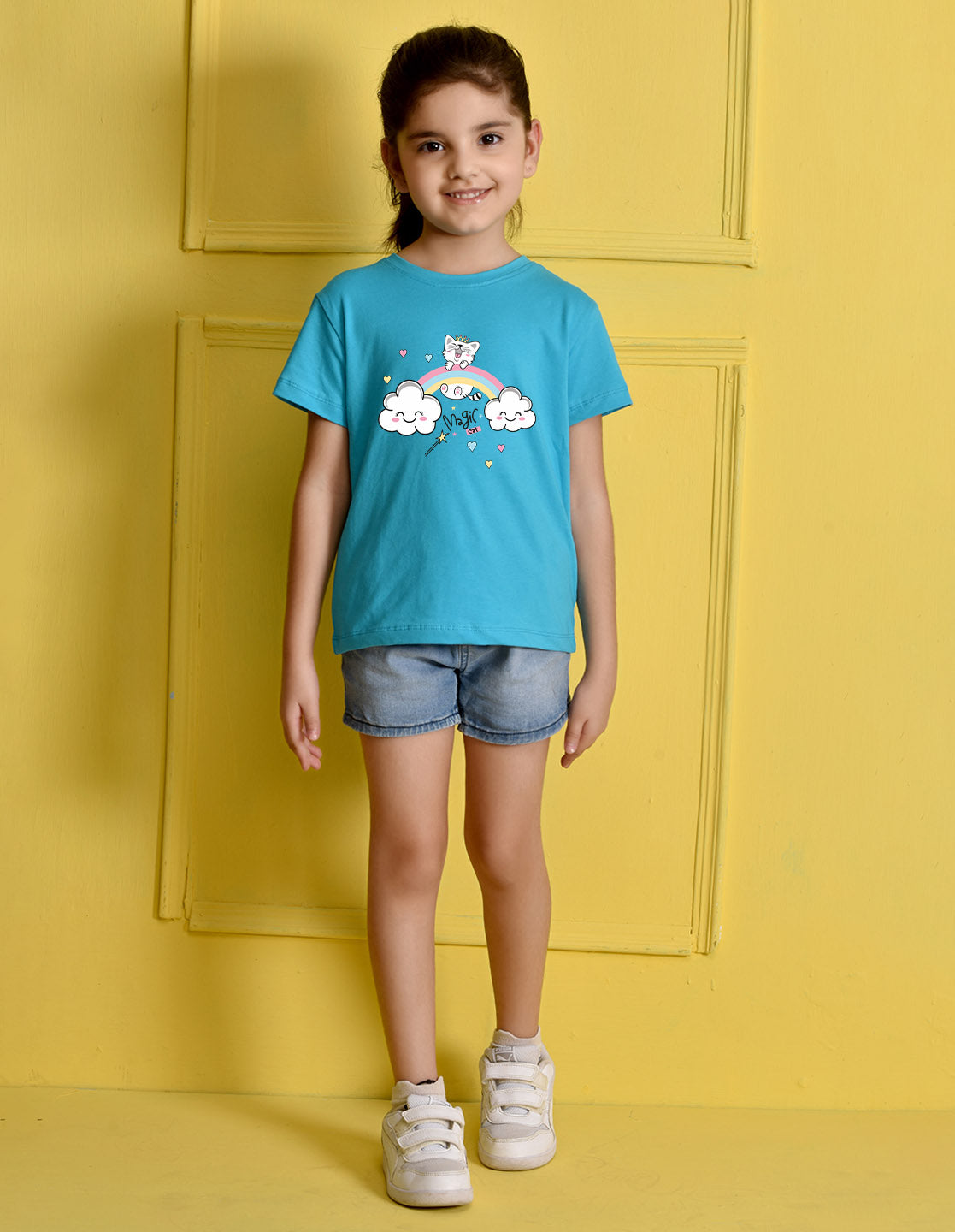 Nusyl Girls Sky Blue Cat & Rainbow Printed Cotton Half Sleeve Regular Fit T-Shirts for Girls