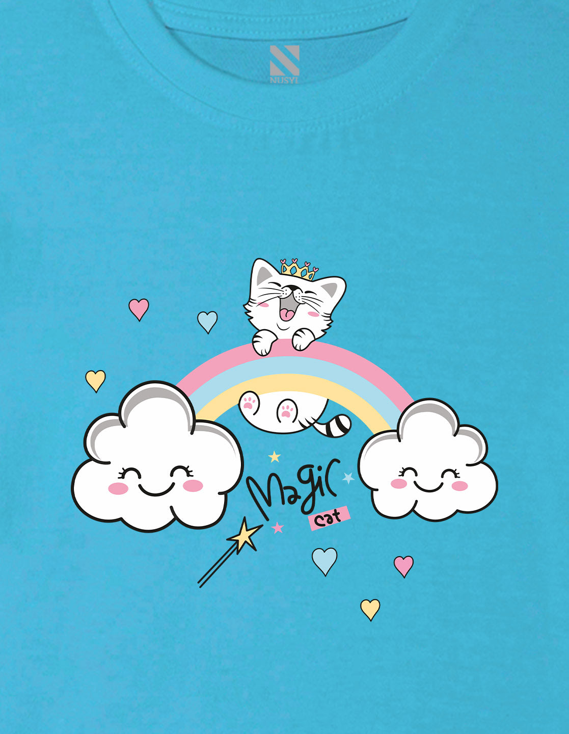Nusyl Girls Sky Blue Cat & Rainbow Printed Cotton Half Sleeve Regular Fit T-Shirts for Girls