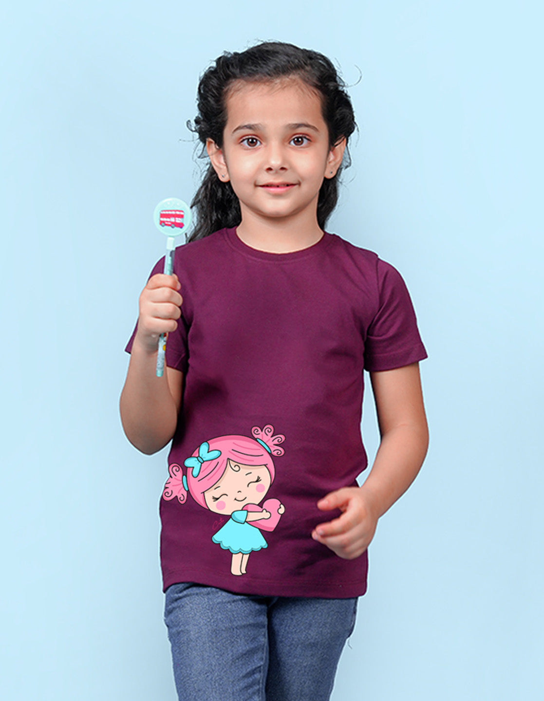 Nusyl Girls Wine Girls & Heart Printed Cotton Half Sleeve Regular Fit T-Shirts for Girls