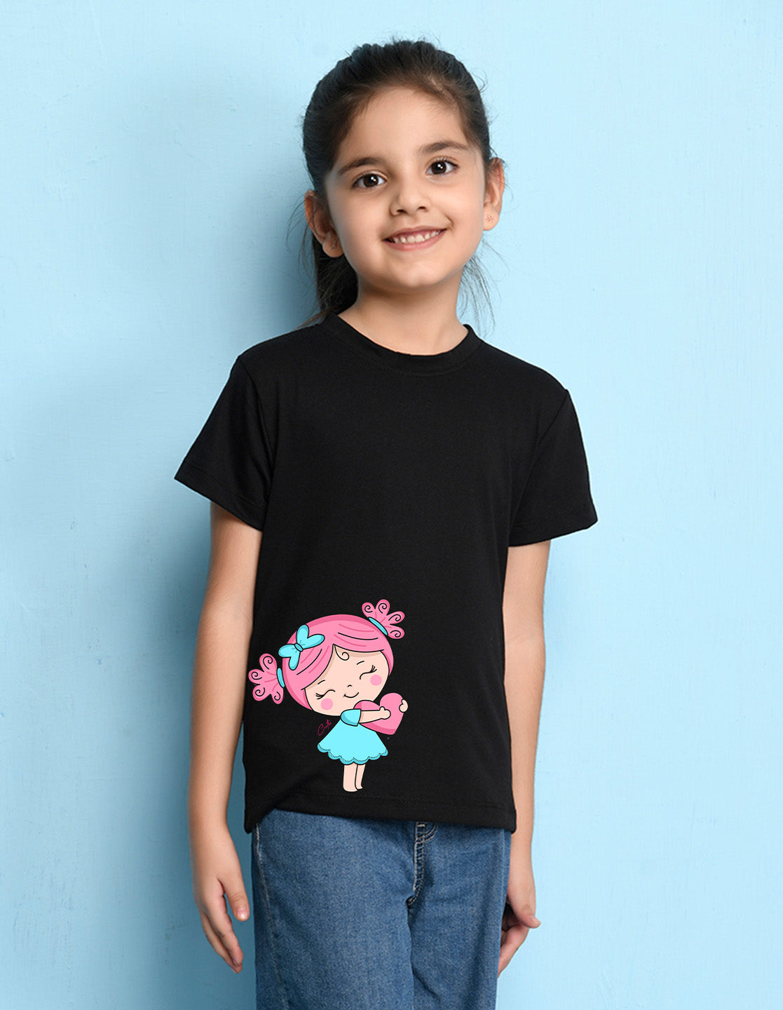 Nusyl Girls Black Girls & Heart Printed Cotton Half Sleeve Regular Fit T-Shirts for Girls