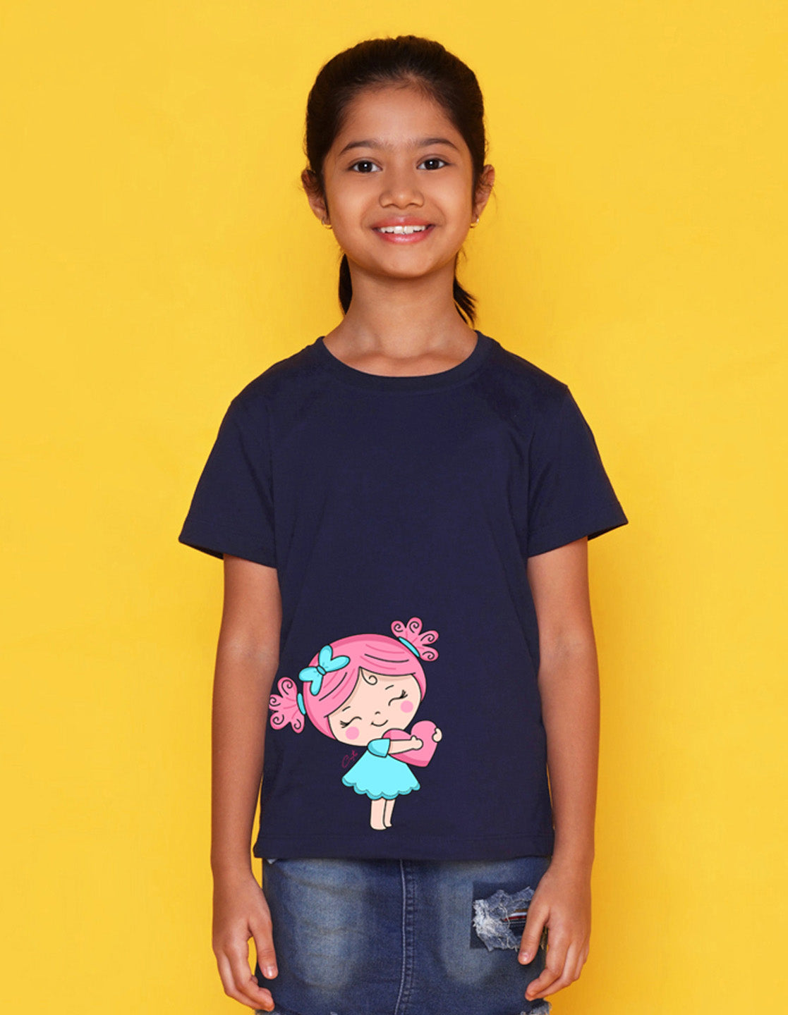 Nusyl Girls Navy Blue Girls & Heart Printed Cotton Half Sleeve Regular Fit T-Shirts for Girls