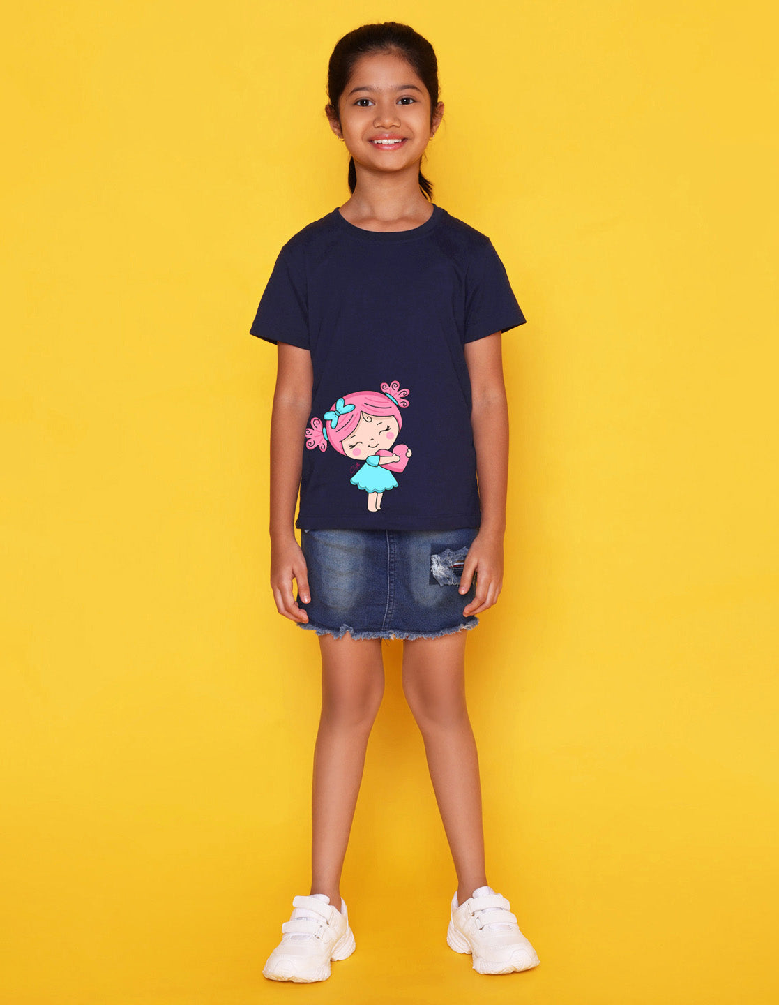 Nusyl Girls Navy Blue Girls & Heart Printed Cotton Half Sleeve Regular Fit T-Shirts for Girls