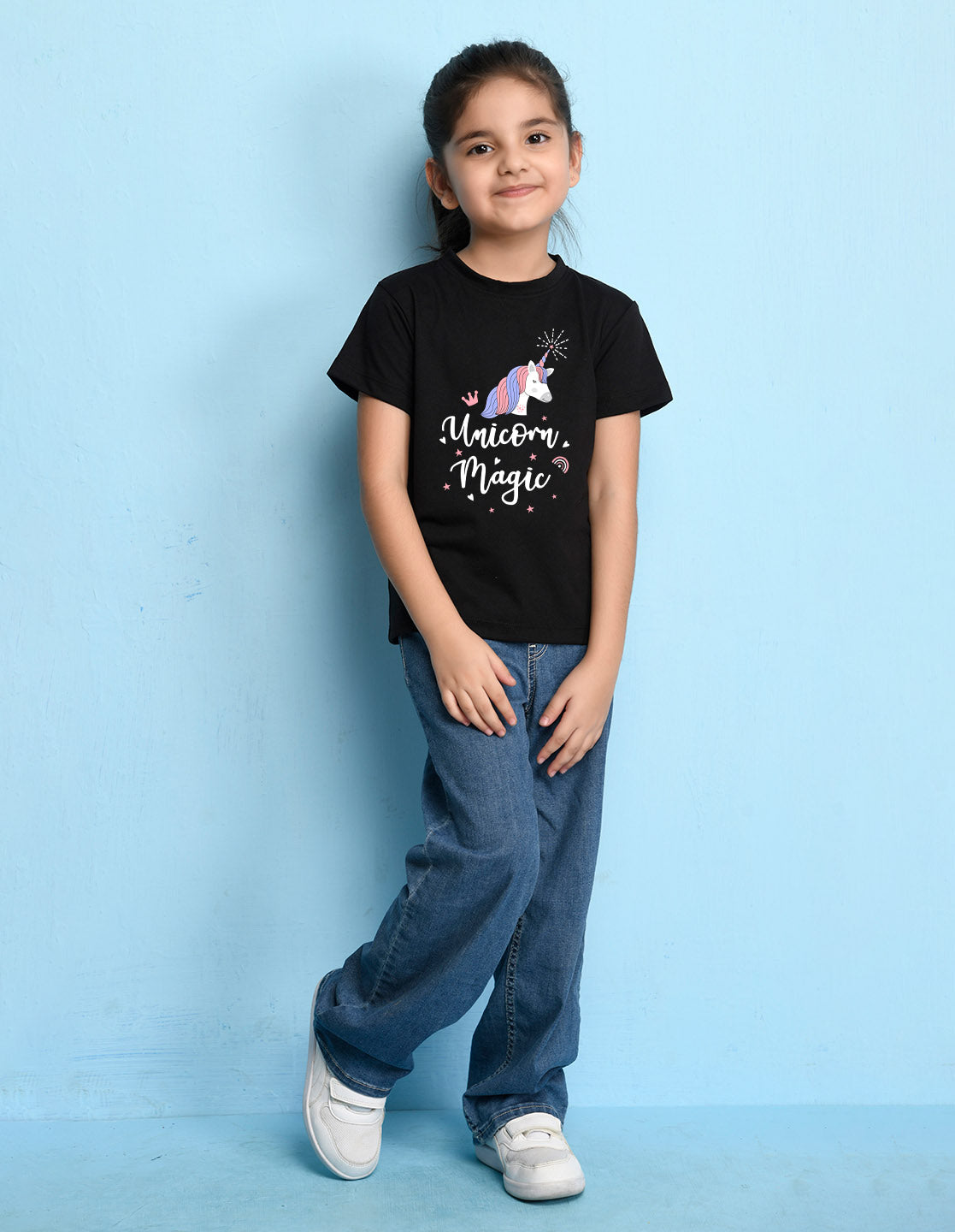 Nusyl Girls Black Horse & Text Printed Cotton Half Sleeve Regular Fit T-Shirts for Girls