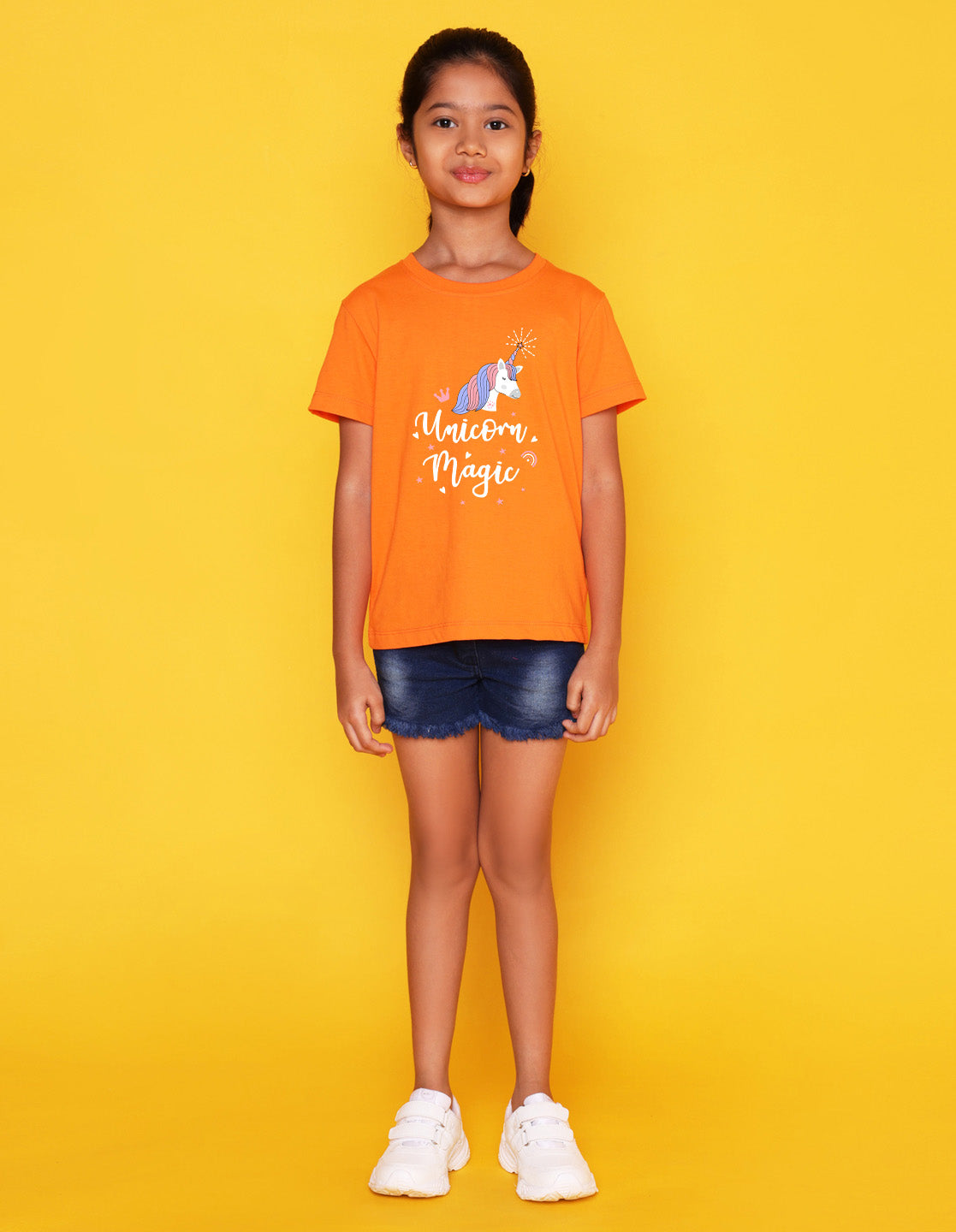 Nusyl Girls Orange Horse & Text Printed Cotton Half Sleeve Regular Fit T-Shirts for Girls