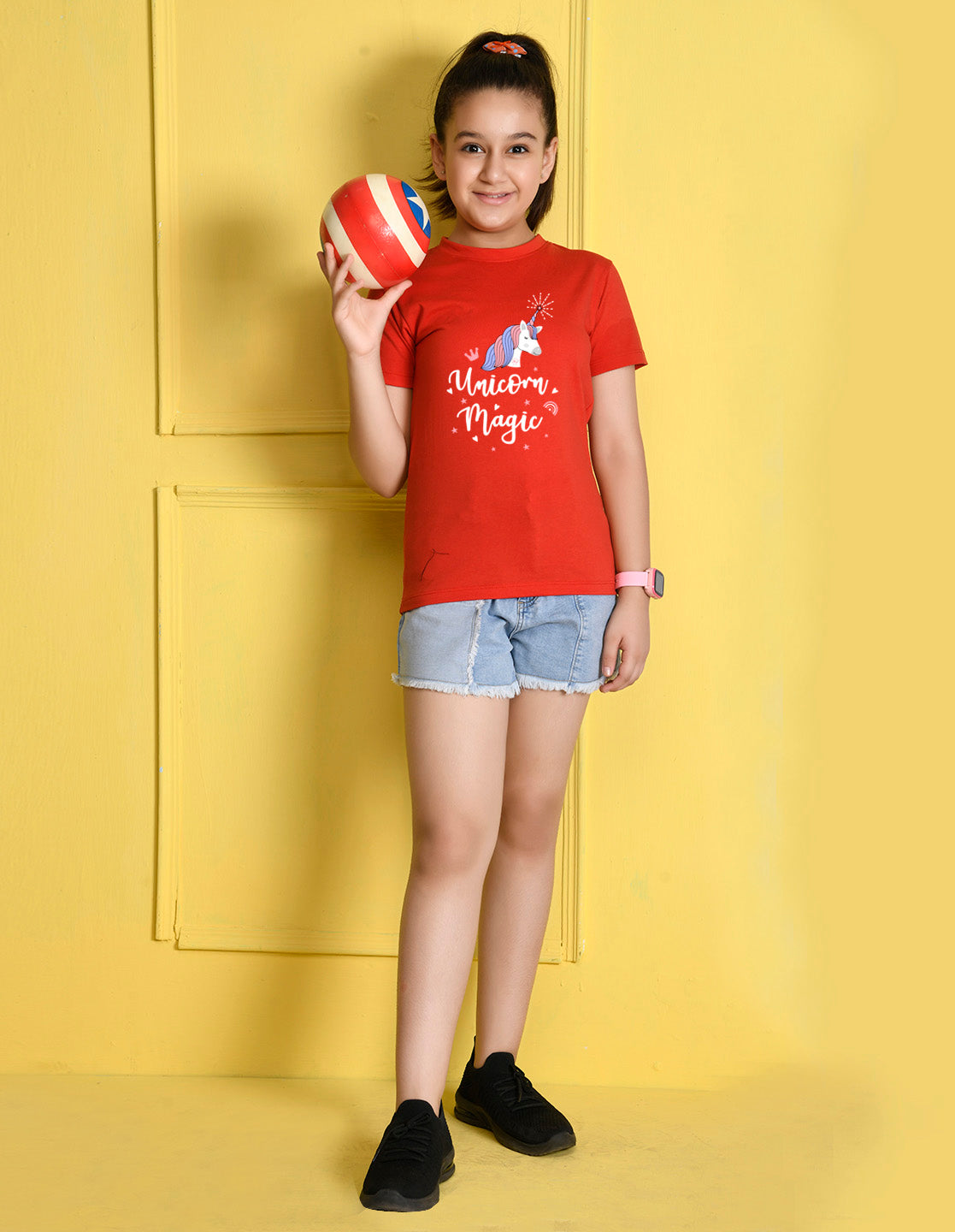 NUSYL Girls Red Unicorn Printed Half sleeve t-Shirt