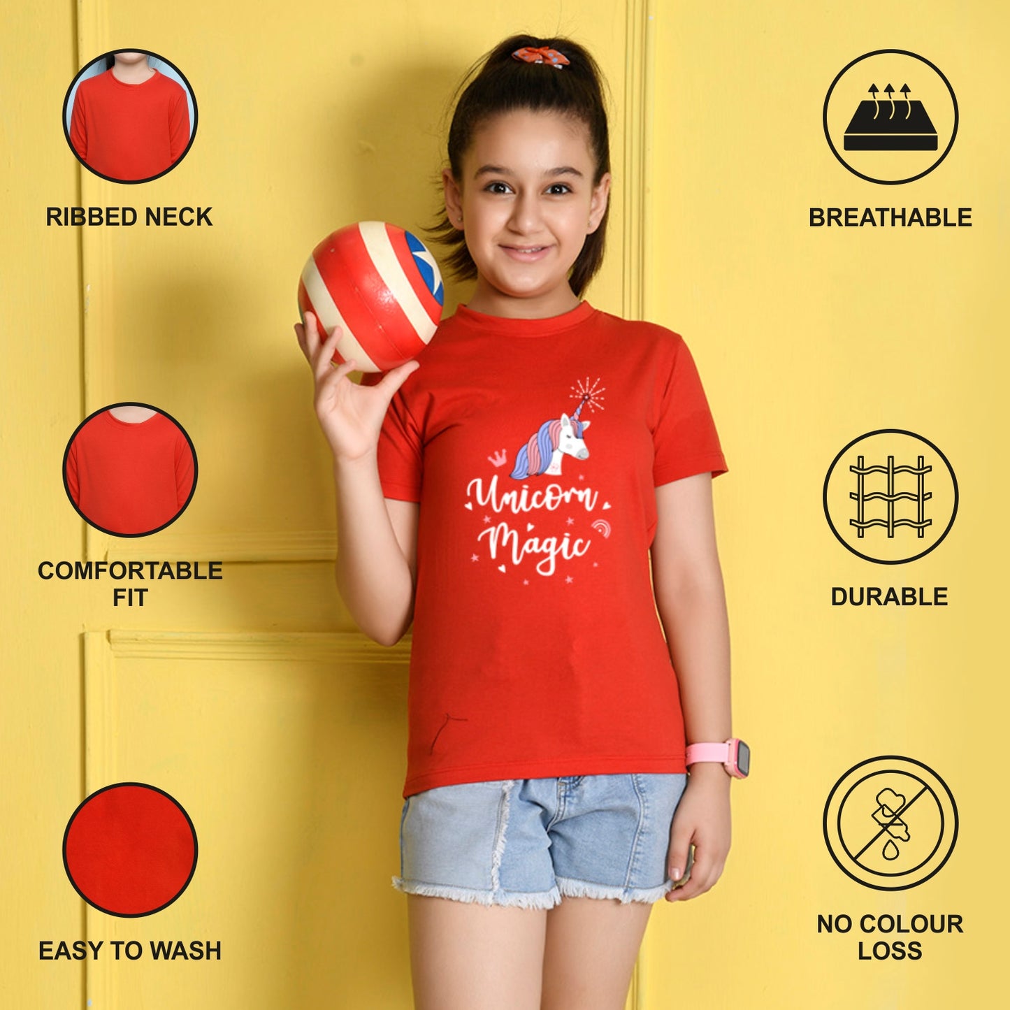 NUSYL Girls Red Unicorn Printed Half sleeve t-Shirt