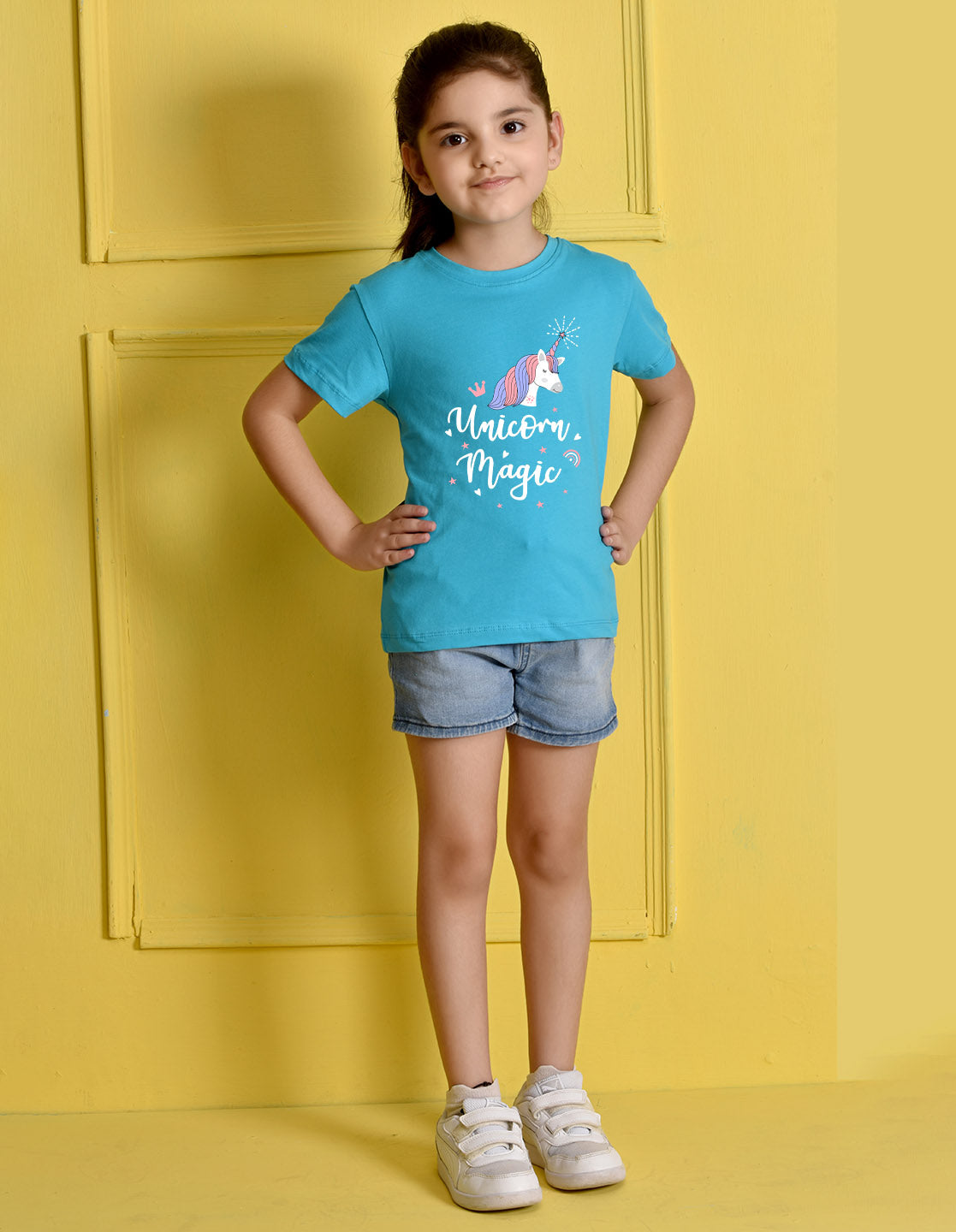 Nusyl Girls Sky Blue Horse & Text Printed Cotton Half Sleeve Regular Fit T-Shirts for Girls