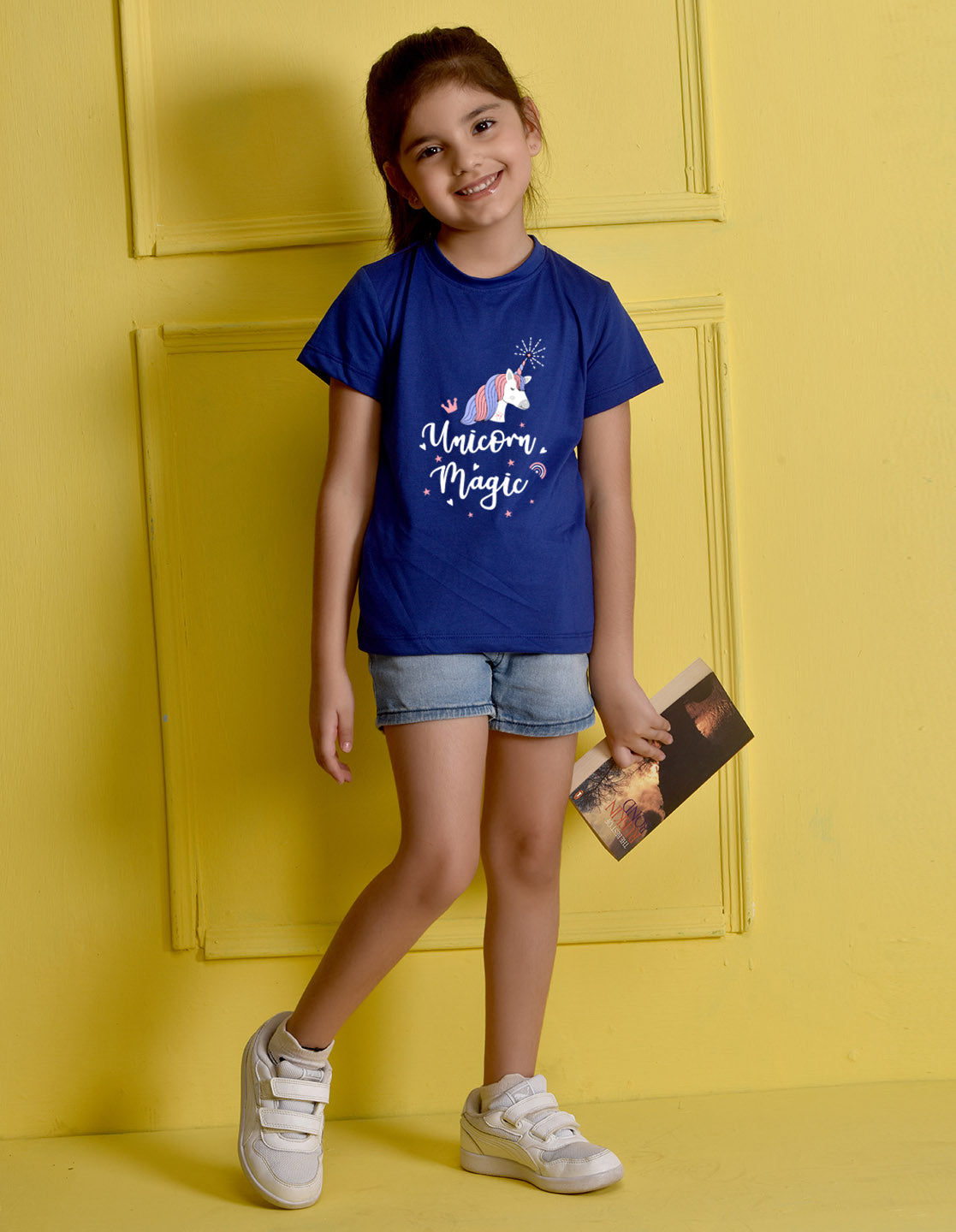 NUSYL Girls Royal Blue Unicorn Printed Half sleeve t-Shirt