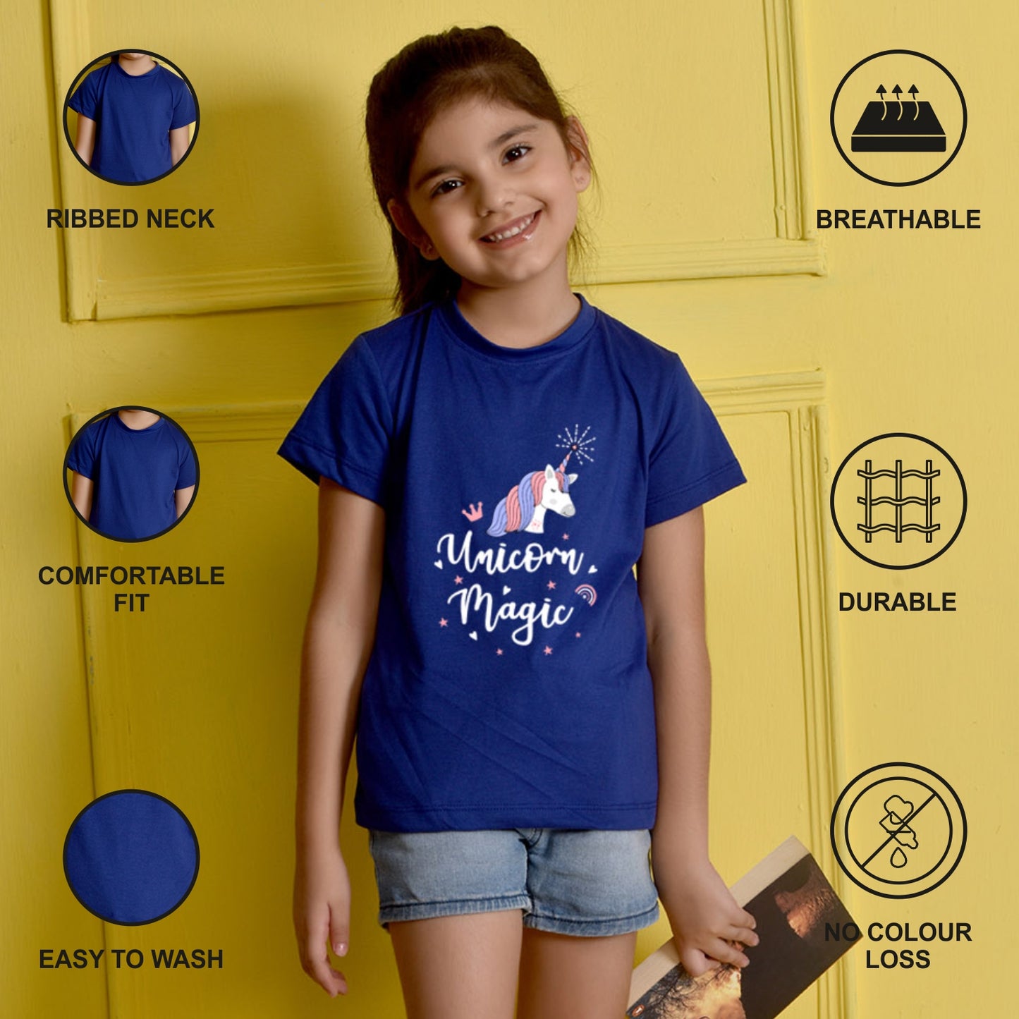 NUSYL Girls Royal Blue Unicorn Printed Half sleeve t-Shirt