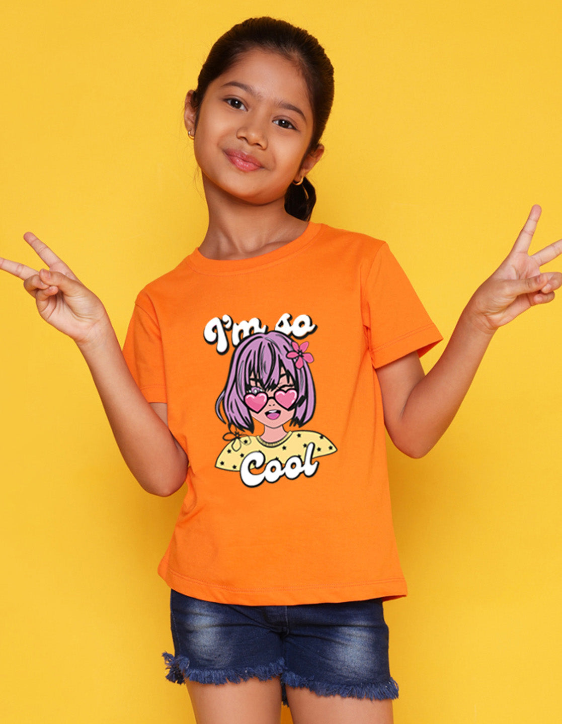 Nusyl Girls Orange Girls & Text Printed Cotton Half Sleeve Regular Fit T-Shirts for Girls