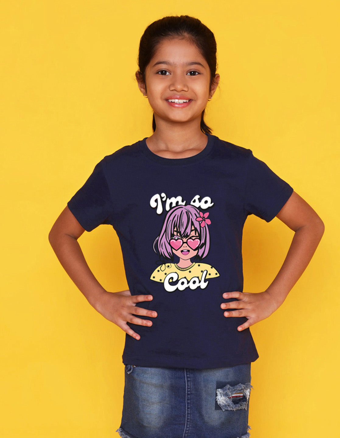 Nusyl Girls Navy Blue Girls & Text Printed Cotton Half Sleeve Regular Fit T-Shirts for Girls