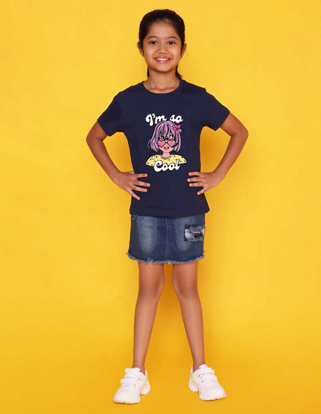 Nusyl Girls Navy Blue Girls & Text Printed Cotton Half Sleeve Regular Fit T-Shirts for Girls