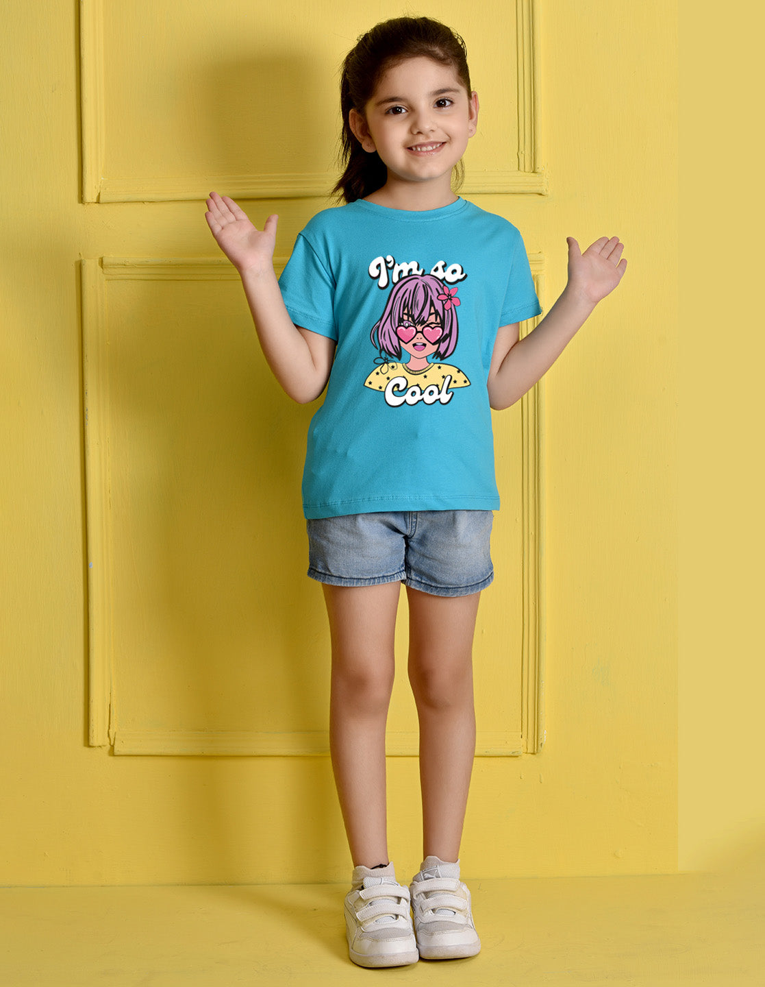Nusyl Girls Sky Blue Girls & Text Printed Cotton Half Sleeve Regular Fit T-Shirts for Girls