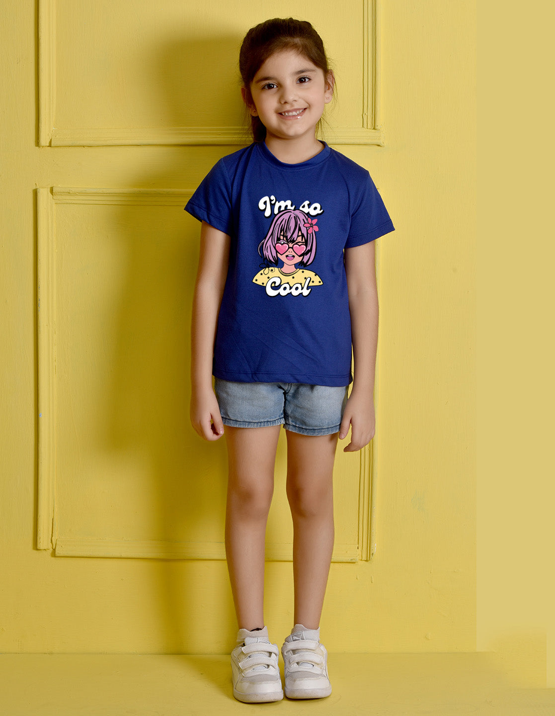 NUSYL Girls Royal Blue Girls & Text Printed Half sleeve t-Shirt