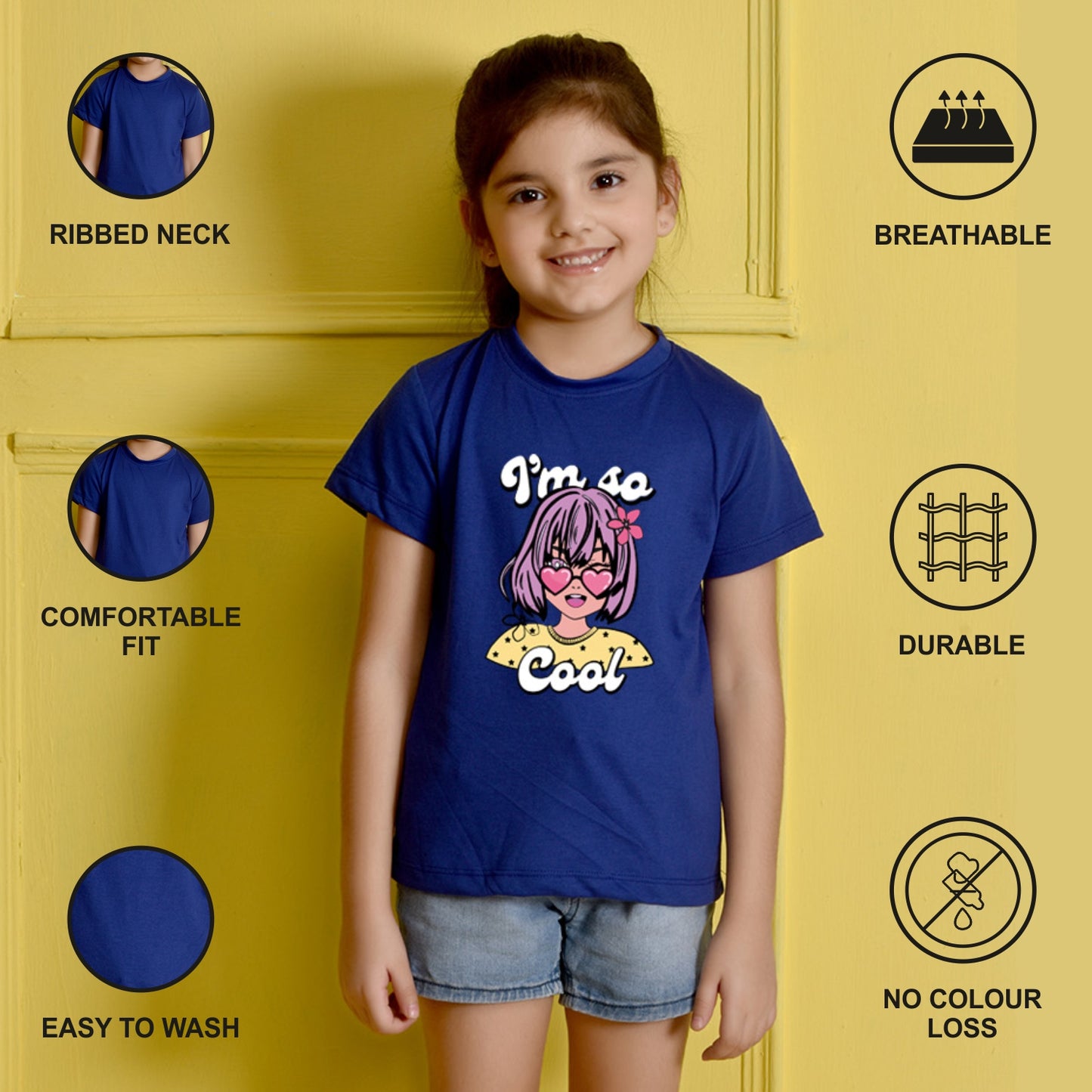 NUSYL Girls Royal Blue Girls & Text Printed Half sleeve t-Shirt