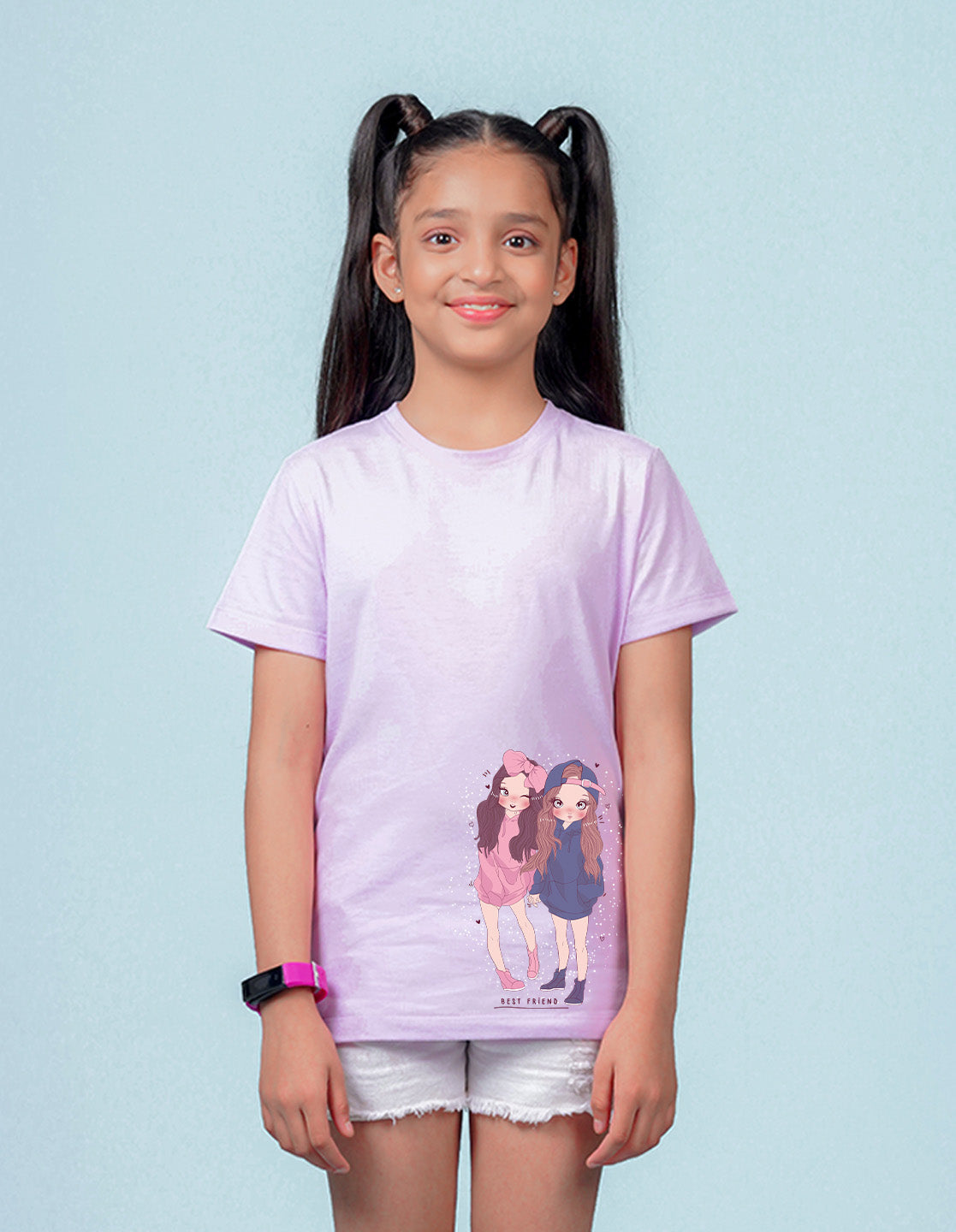 Nusyl Girls Lilac Two Girls Printed Cotton Half Sleeve Regular Fit T-Shirts for Girls