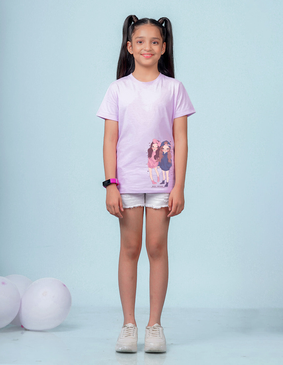 Nusyl Girls Lilac Two Girls Printed Cotton Half Sleeve Regular Fit T-Shirts for Girls