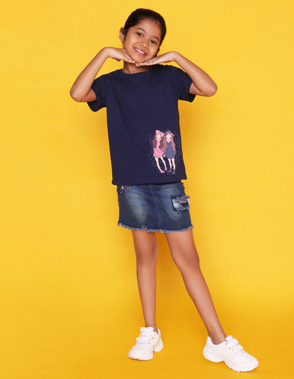 Nusyl Girls Navy Blue Two Girls Printed Cotton Half Sleeve Regular Fit T-Shirts for Girls