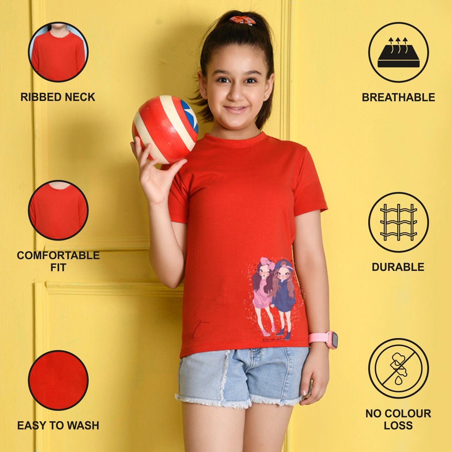 NUSYL Girls Red Best Friend Printed Half sleeve t-Shirt
