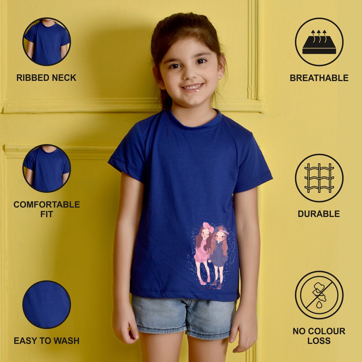 NUSYL Girls Royal Blue Best Friend Printed Half sleeve t-Shirt