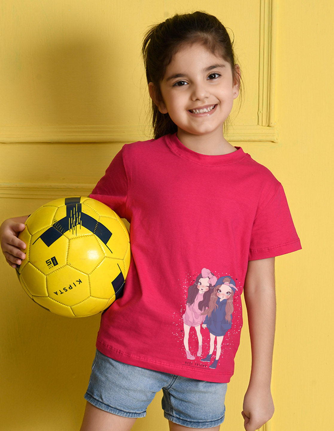 Nusyl Girls Hot Pink Two Girls Printed Cotton Half Sleeve Regular Fit T-Shirts for Girls