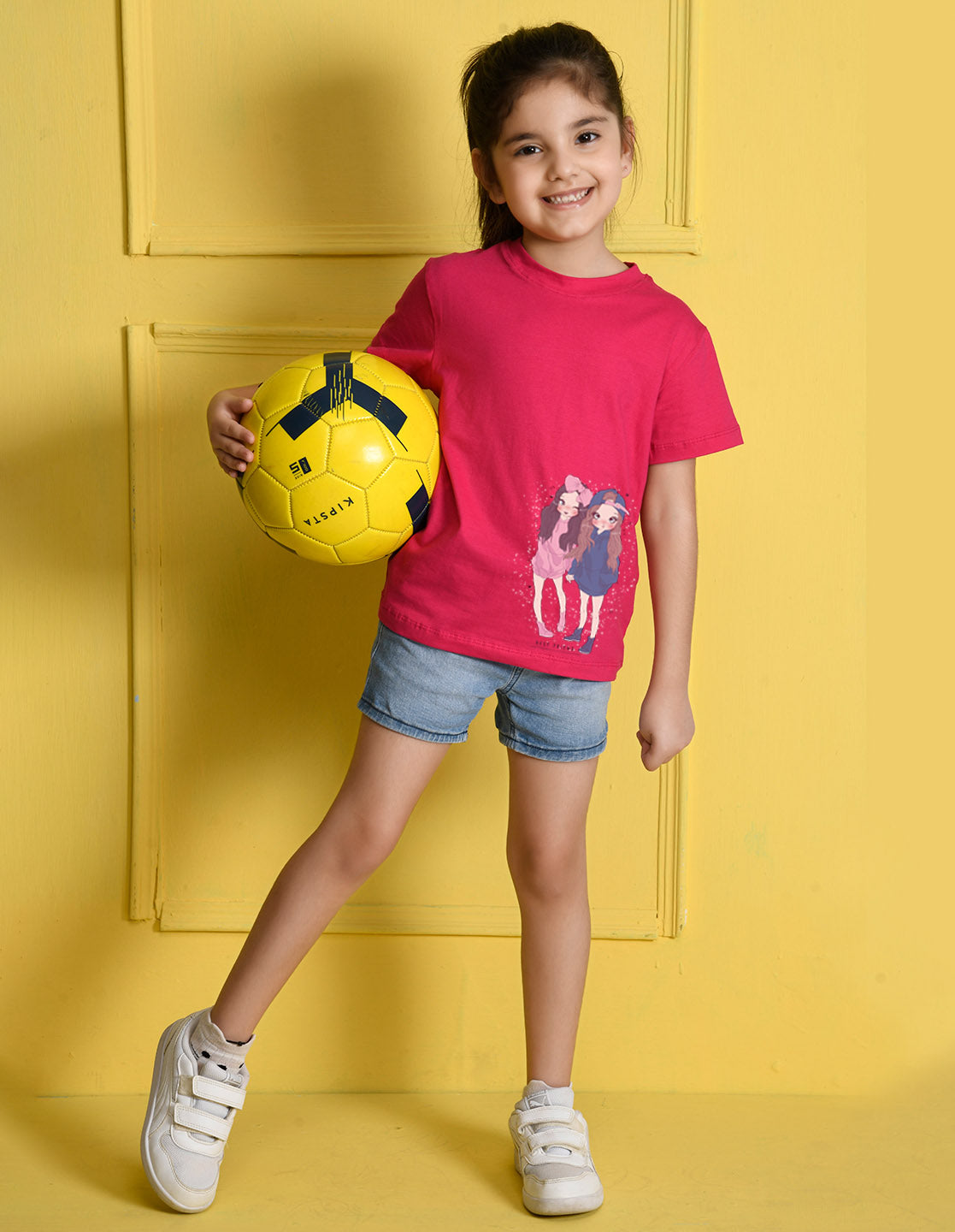 Nusyl Girls Hot Pink Two Girls Printed Cotton Half Sleeve Regular Fit T-Shirts for Girls