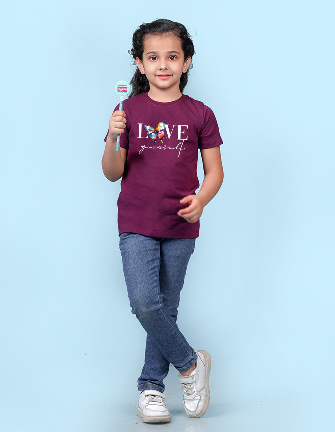 Nusyl Girls Wine Text & Butterfly Printed Cotton Half Sleeve Regular Fit T-Shirts for Girls
