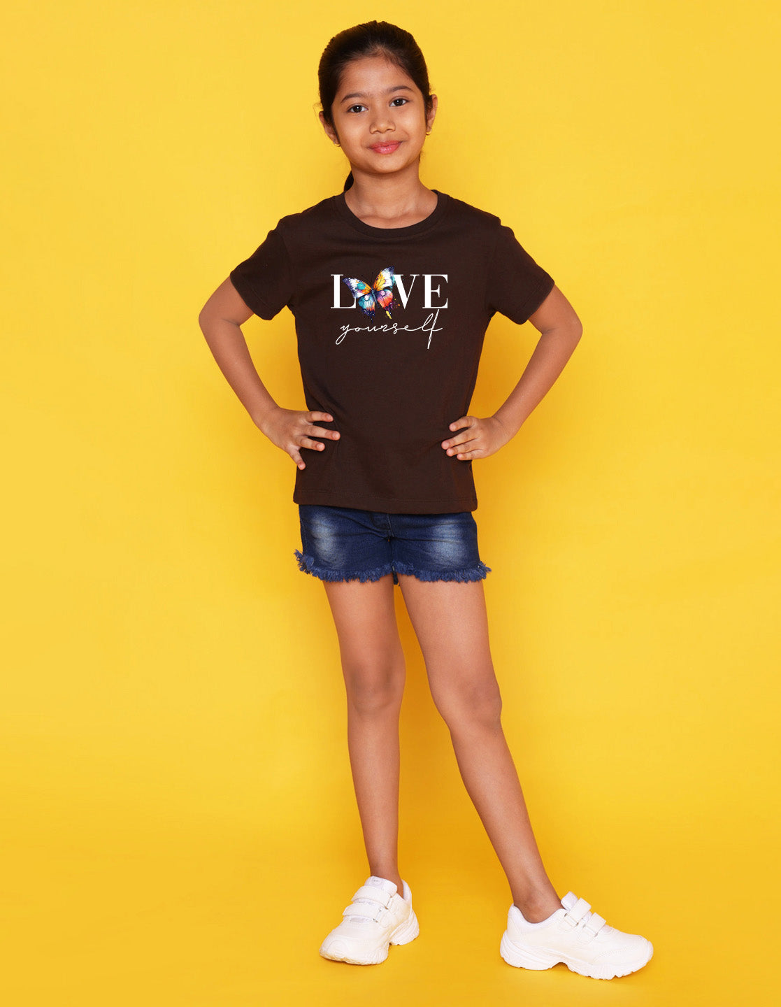 Nusyl Girls Brown Text & Butterfly Printed Cotton Half Sleeve Regular Fit T-Shirts for Girls