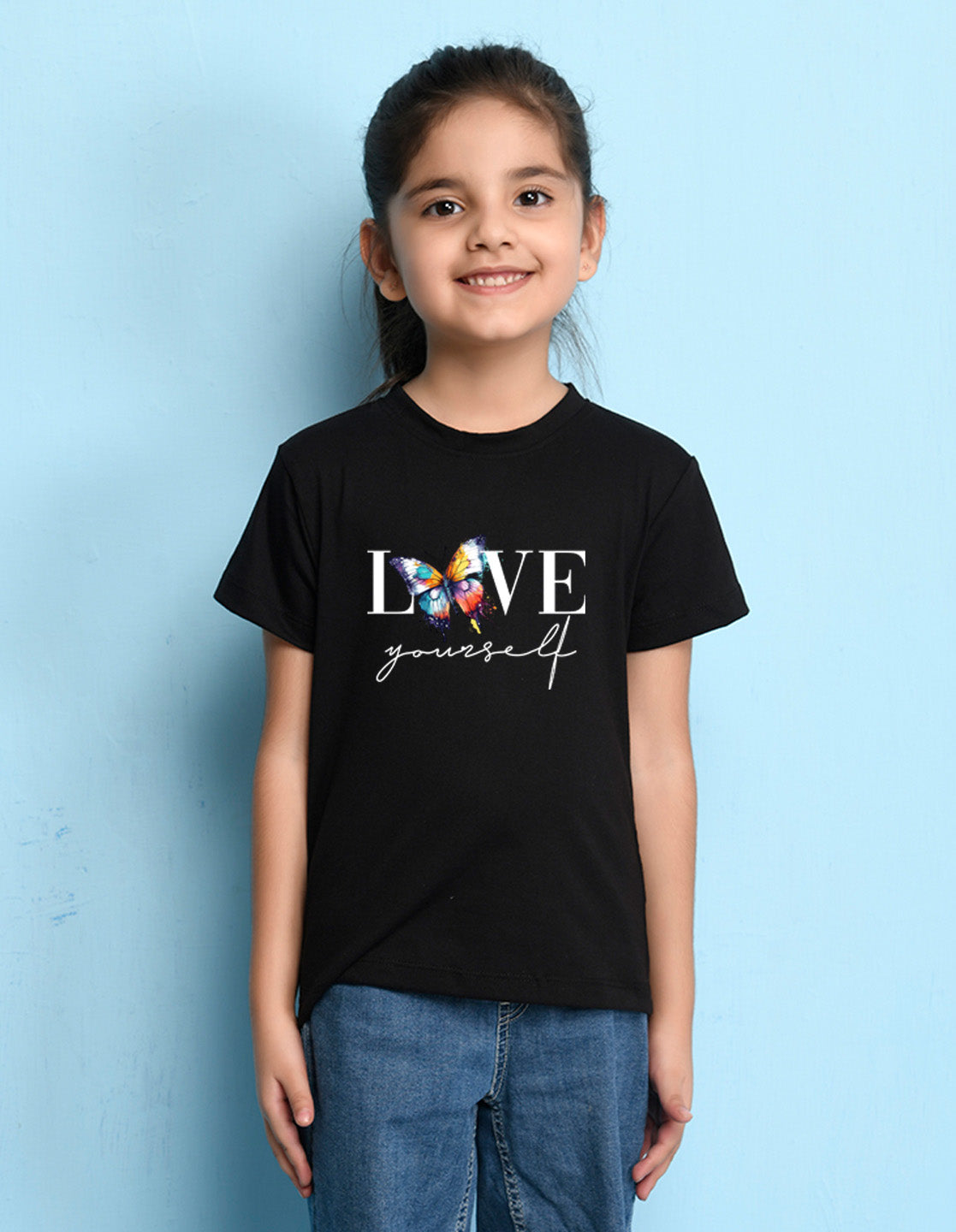 Nusyl Girls Black Text & Butterfly Printed Cotton Half Sleeve Regular Fit T-Shirts for Girls