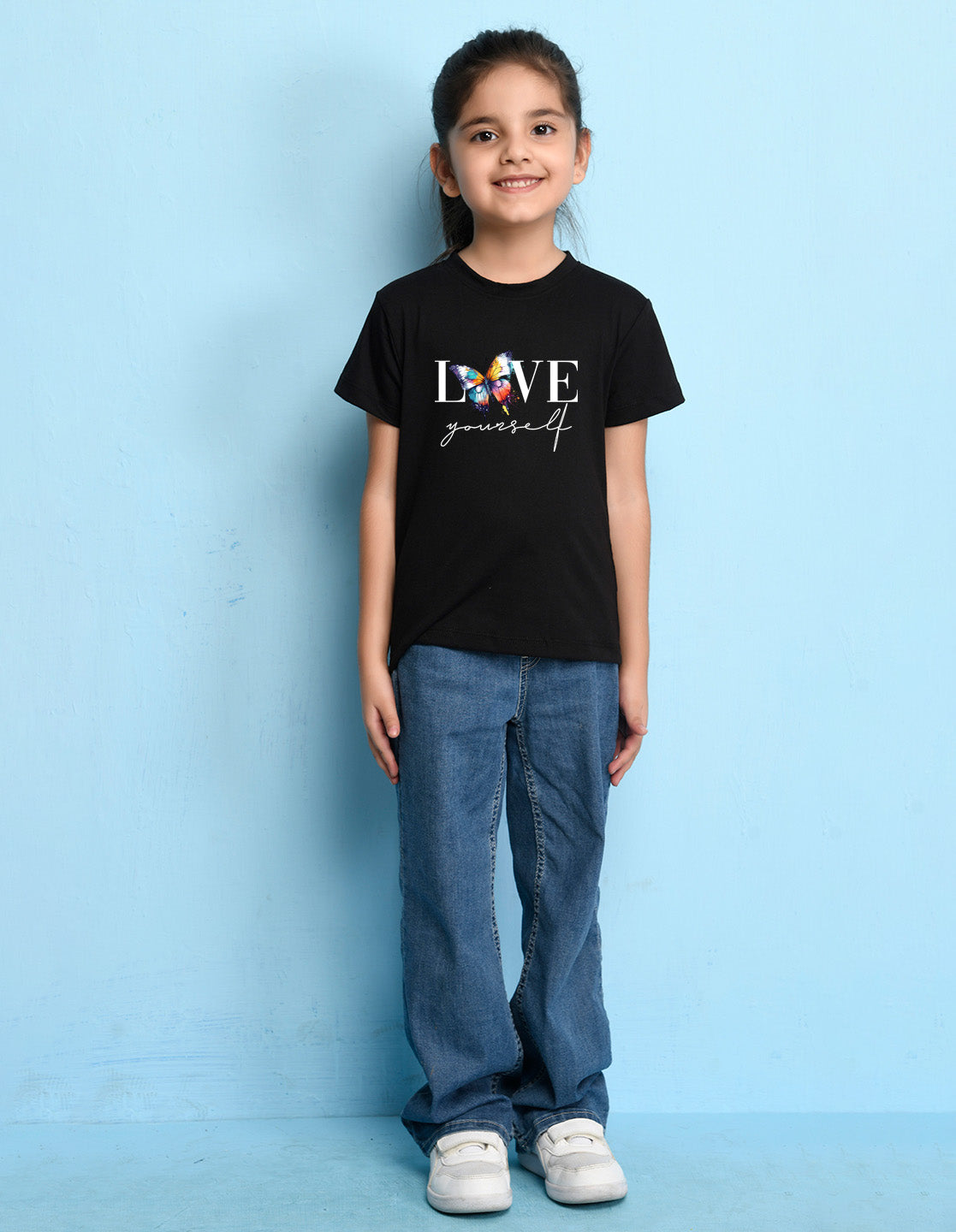 Nusyl Girls Black Text & Butterfly Printed Cotton Half Sleeve Regular Fit T-Shirts for Girls