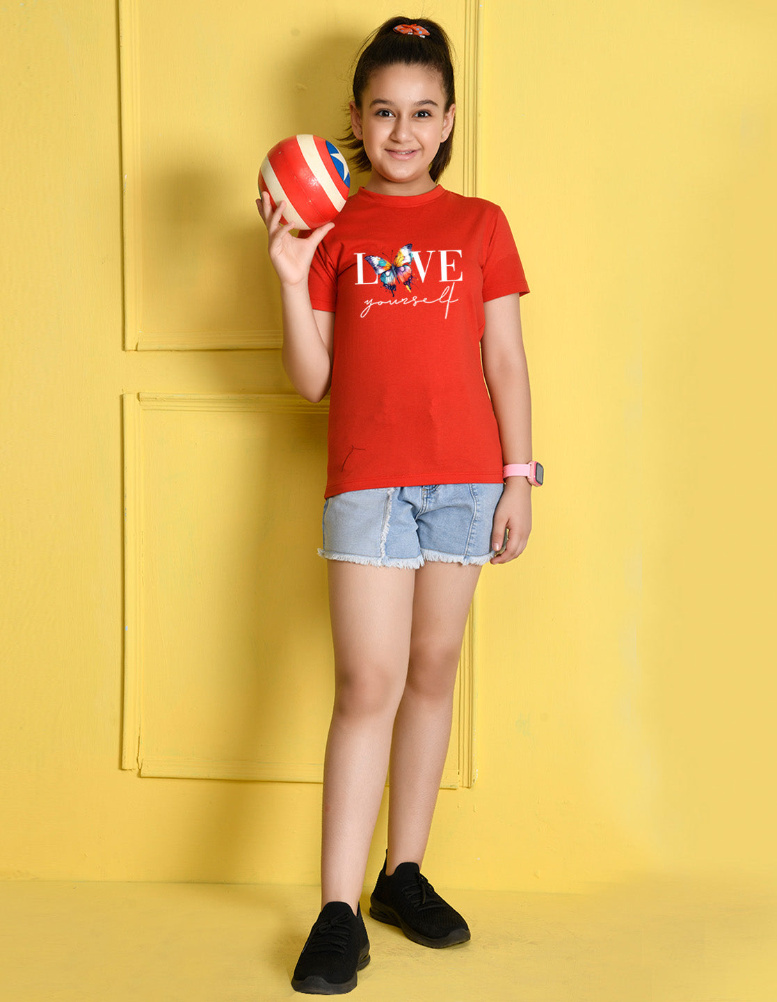 NUSYL Girls Red Text & Butterfly Printed Half sleeve t-Shirt