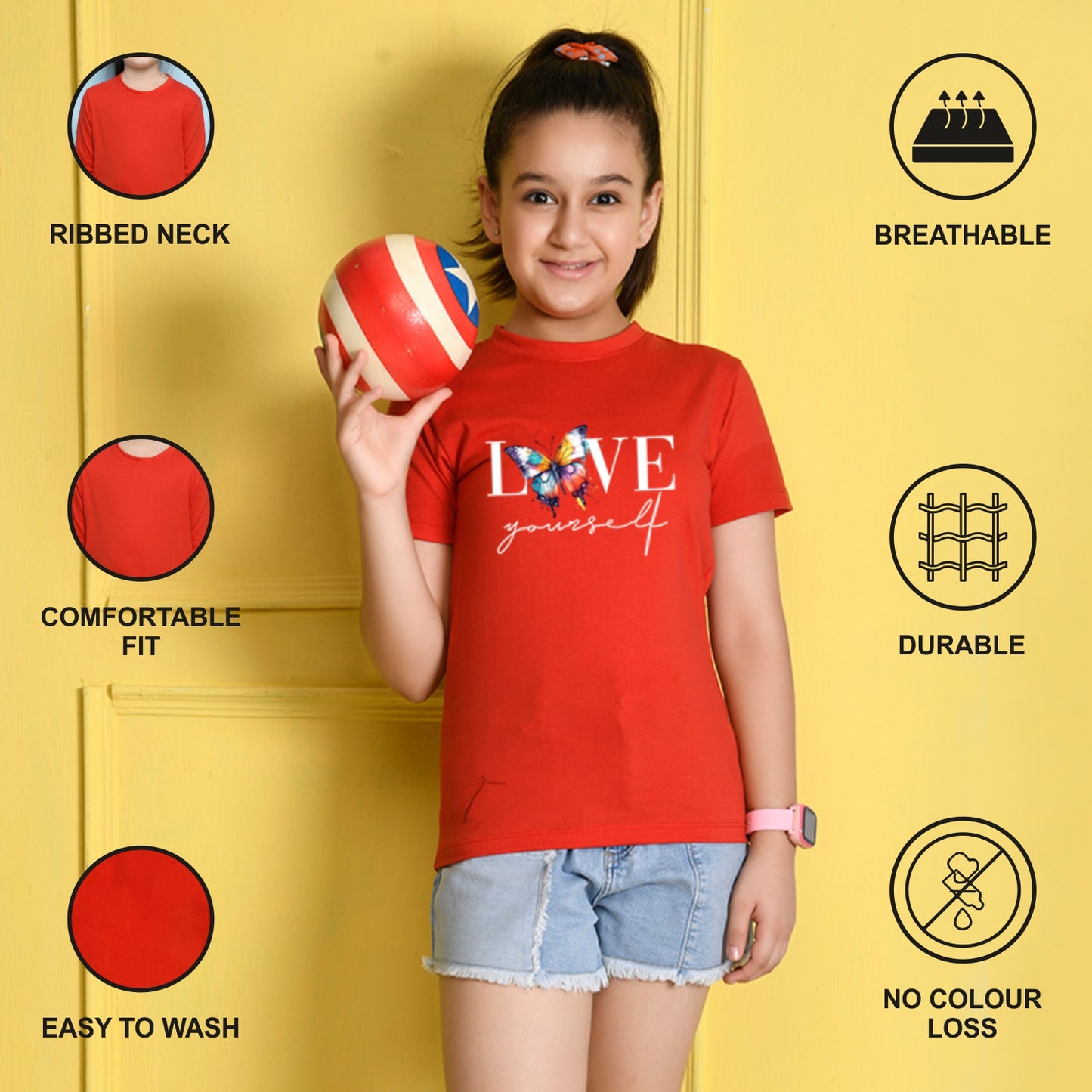 NUSYL Girls Red Text & Butterfly Printed Half sleeve t-Shirt