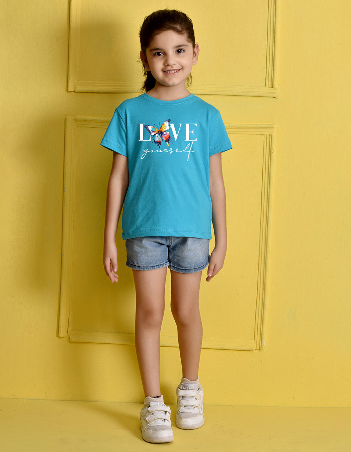 Nusyl Girls Sky Blue Text & Butterfly Printed Cotton Half Sleeve Regular Fit T-Shirts for Girls