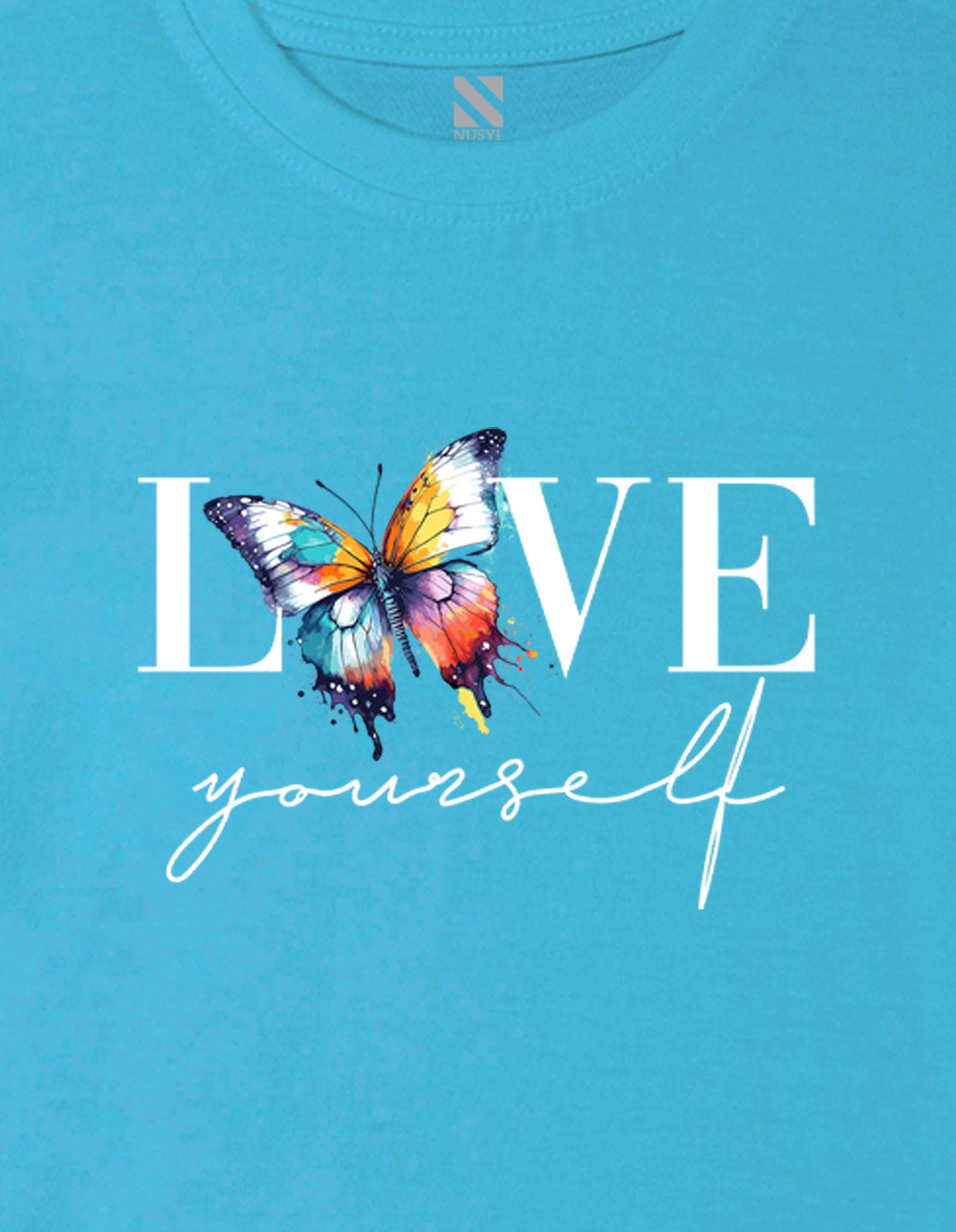 Nusyl Girls Sky Blue Text & Butterfly Printed Cotton Half Sleeve Regular Fit T-Shirts for Girls