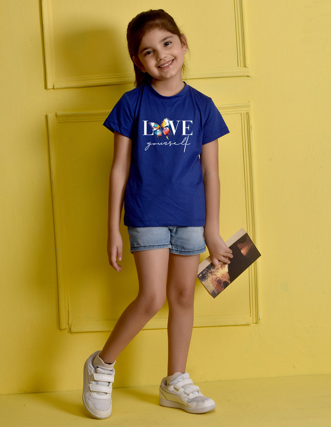 NUSYL Girls Royal Blue Text & Butterfly Printed Half sleeve t-Shirt