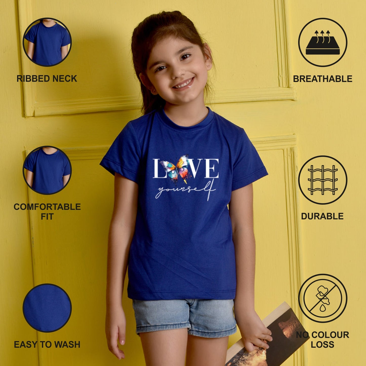 NUSYL Girls Royal Blue Text & Butterfly Printed Half sleeve t-Shirt