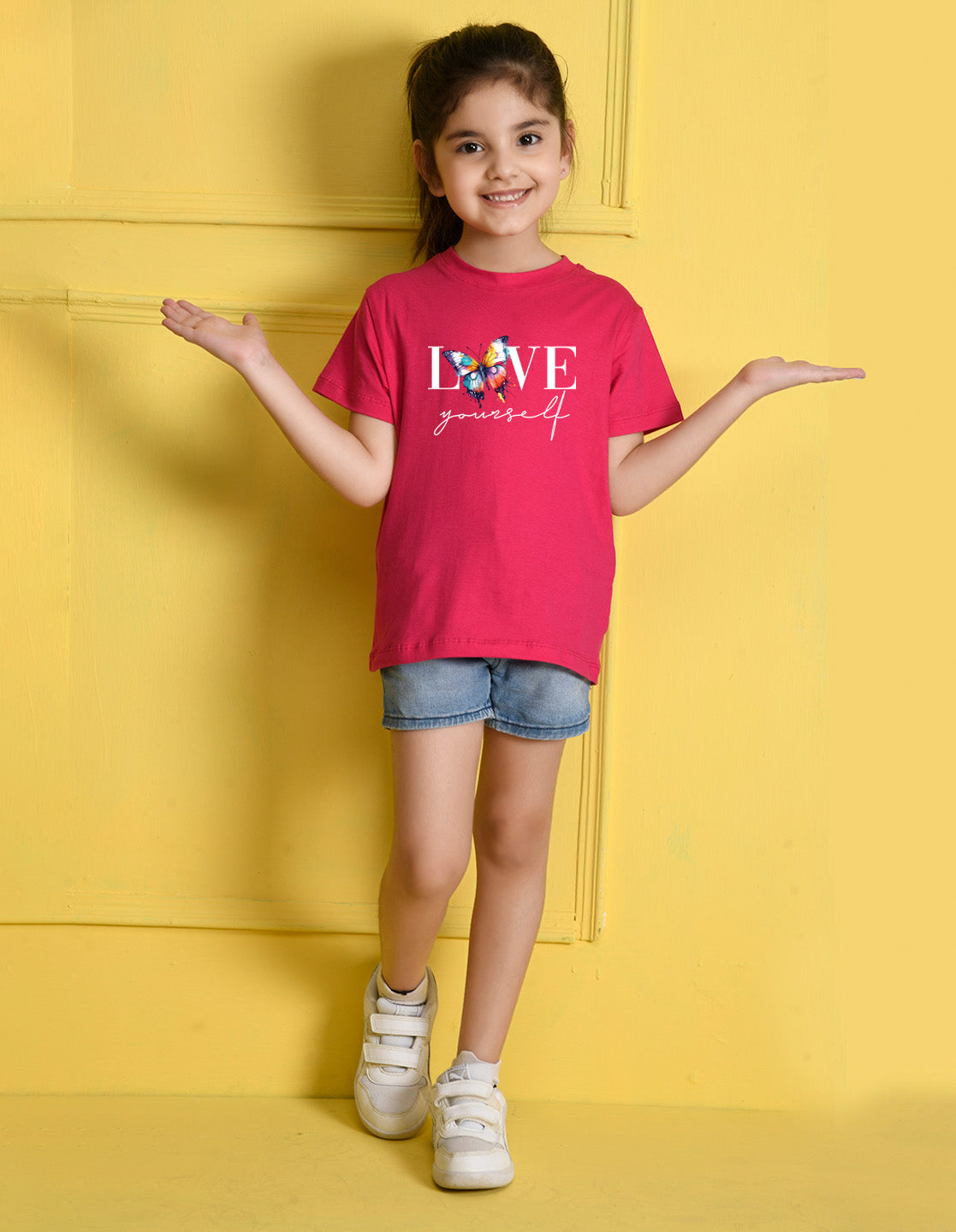 Nusyl Girls Hot Pink Text & Butterfly Printed Cotton Half Sleeve Regular Fit T-Shirts for Girls