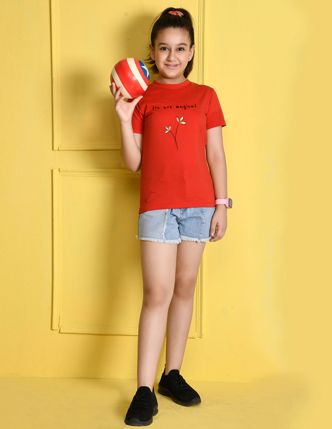 NUSYL Girls Red You are Magical Text Printed Half sleeve t-Shirt