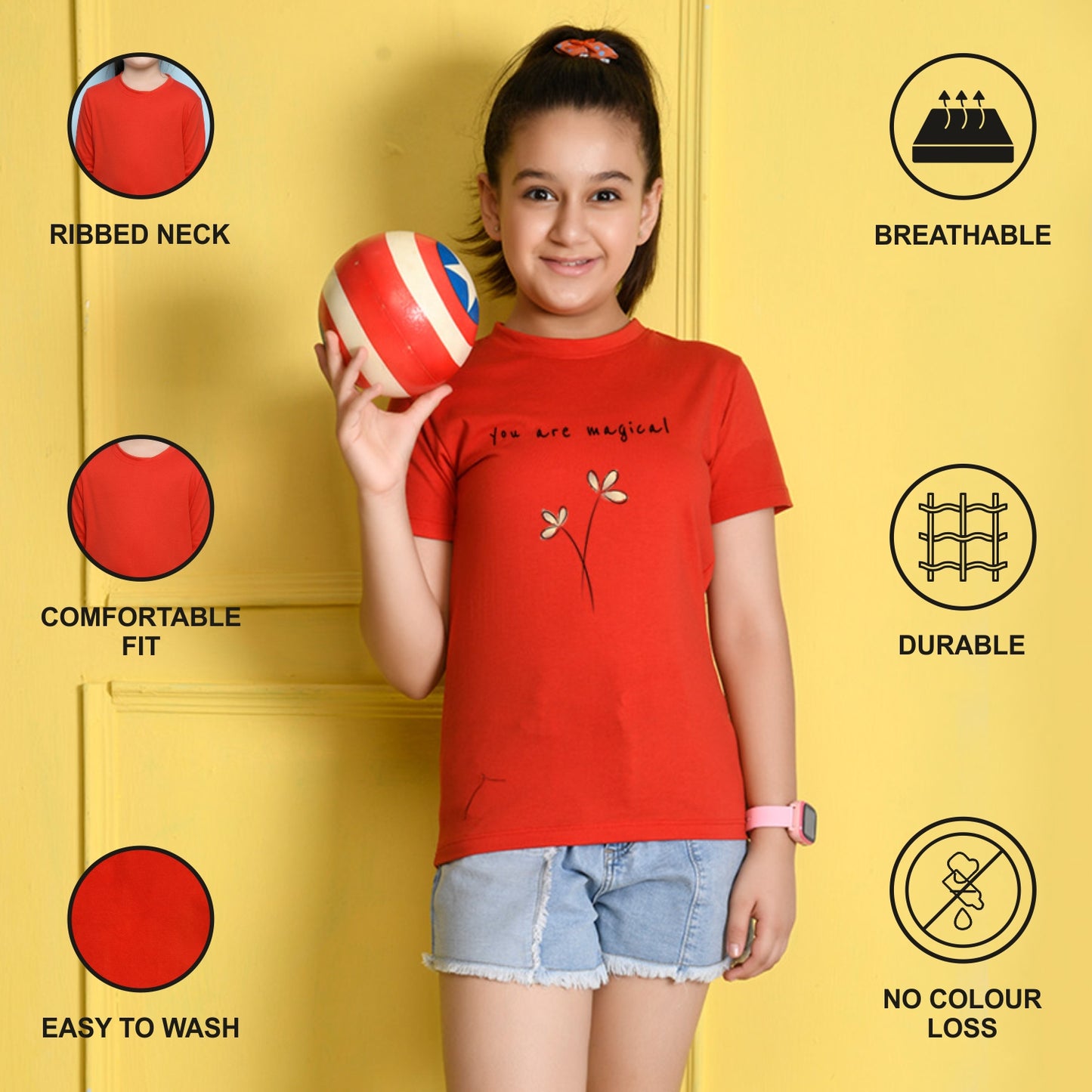 NUSYL Girls Red You are Magical Text Printed Half sleeve t-Shirt