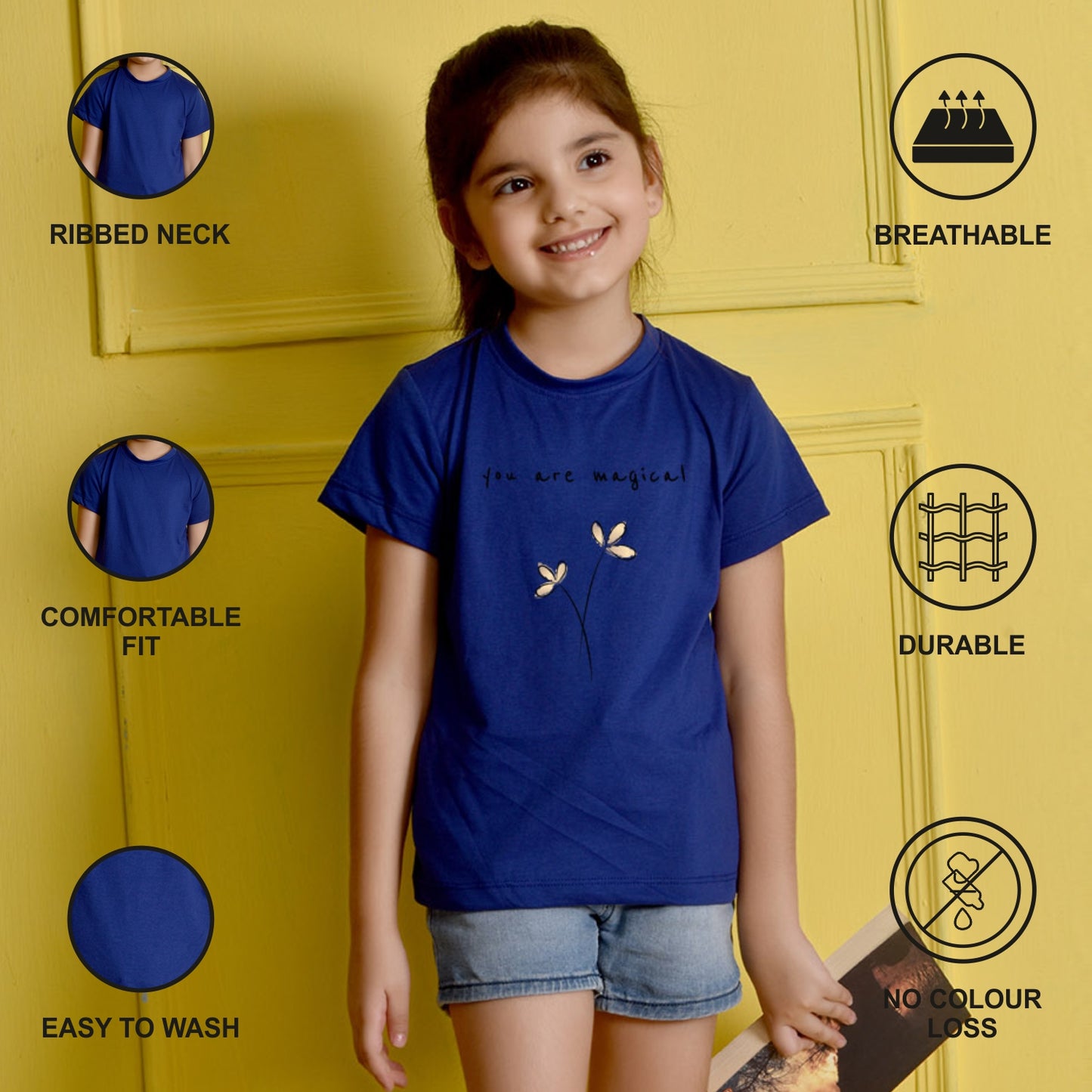 NUSYL Girls Royal Blue You are Magical Text Printed Half sleeve t-Shirt