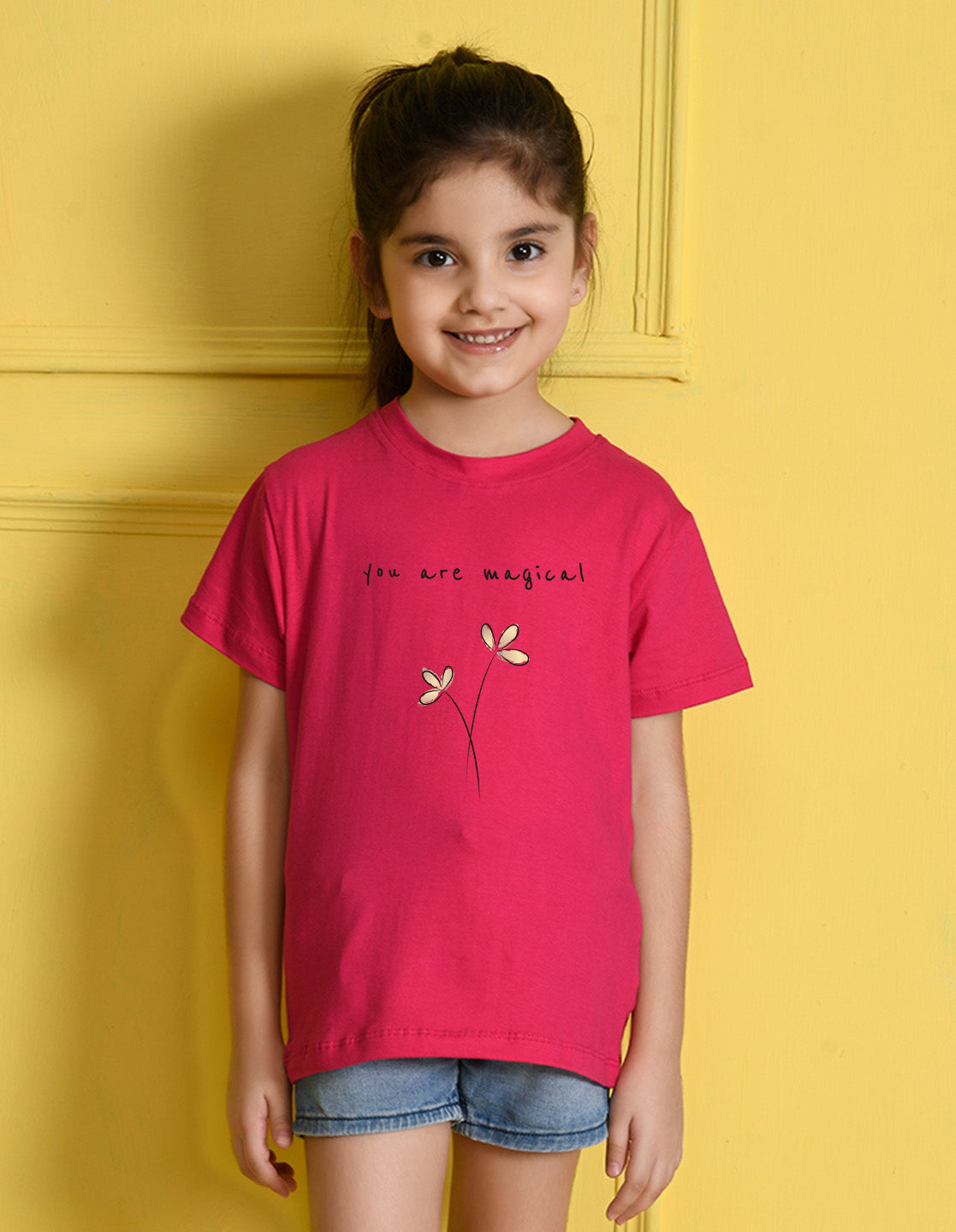 Nusyl Girls Hot Pink You are Magical Text Printed Cotton Half Sleeve Regular Fit T-Shirts for Girls