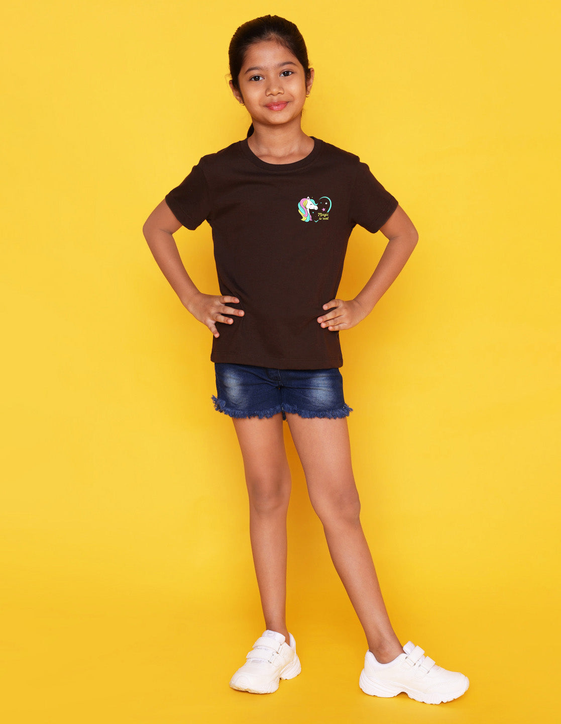 Nusyl Girls Brown Magic is Real Text Printed Cotton Half Sleeve Regular Fit T-Shirts for Girls