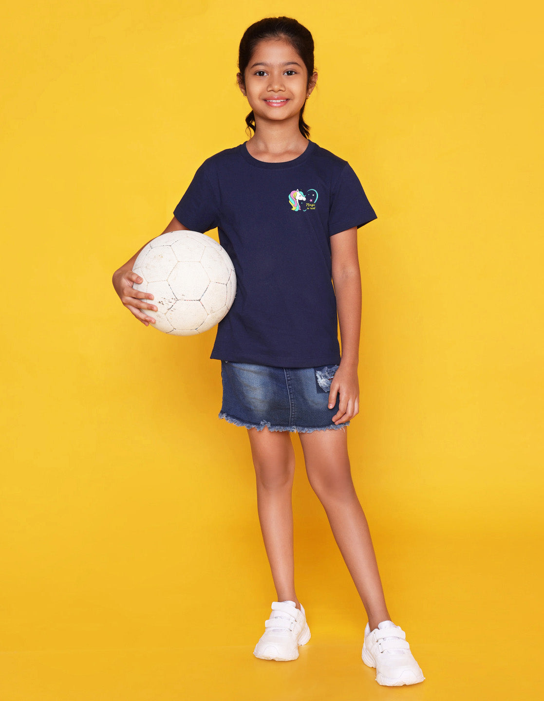 Nusyl Girls Navy Blue Magic is Real Text Printed Cotton Half Sleeve Regular Fit T-Shirts for Girls