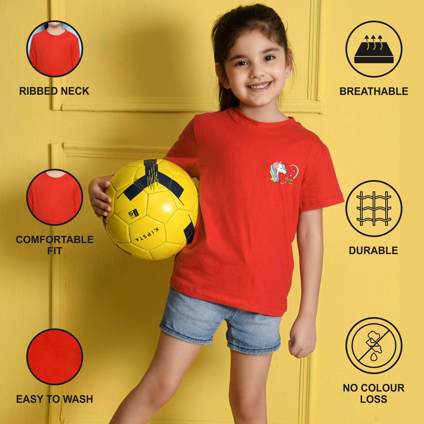 NUSYL Girls Red Unicorn Text Printed Half sleeve t-Shirt