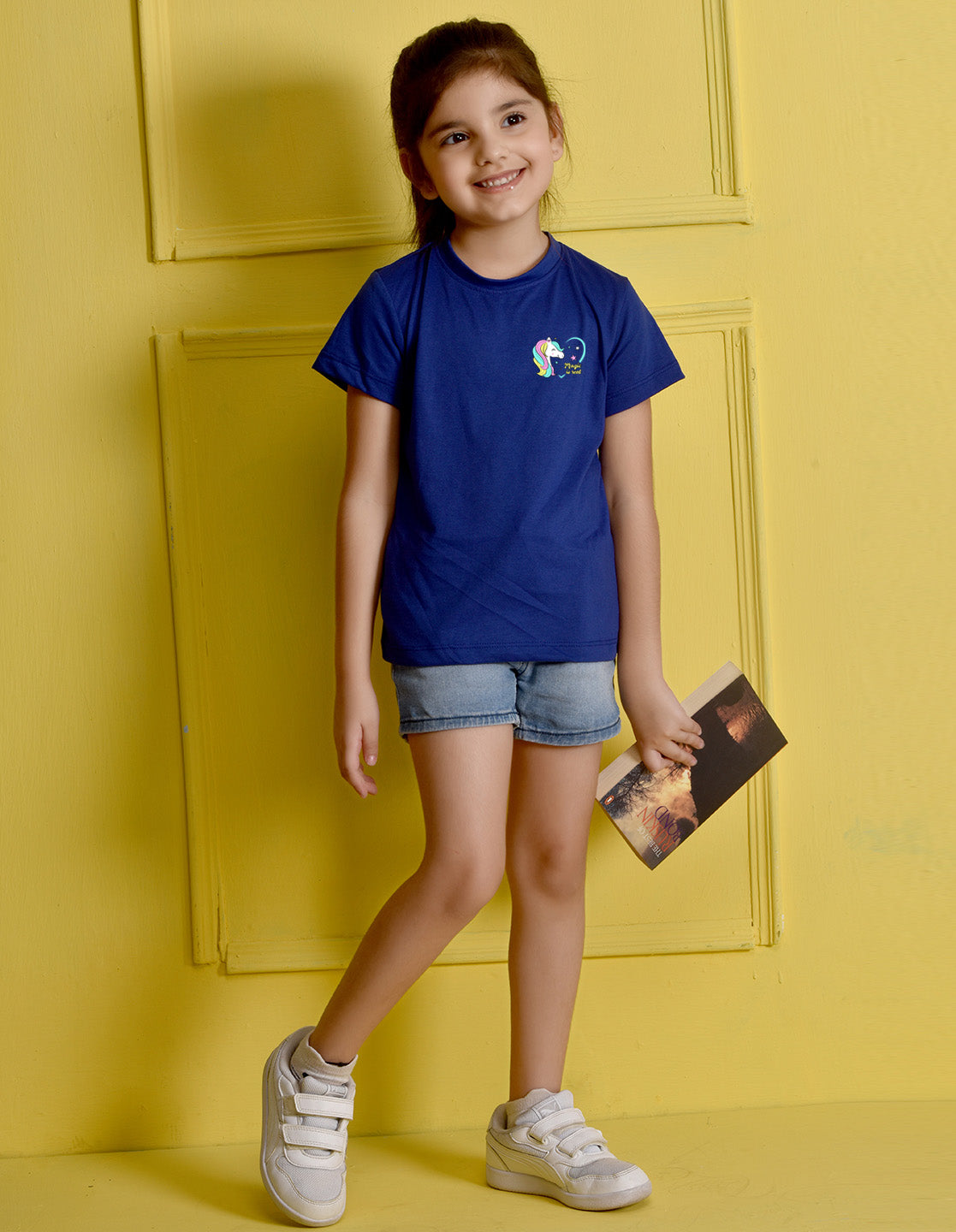 NUSYL Girls Royal Blue Unicorn Text Printed Half sleeve t-Shirt