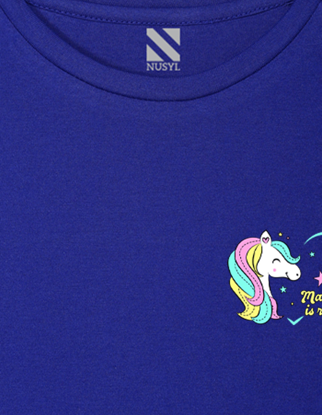 NUSYL Girls Royal Blue Unicorn Text Printed Half sleeve t-Shirt